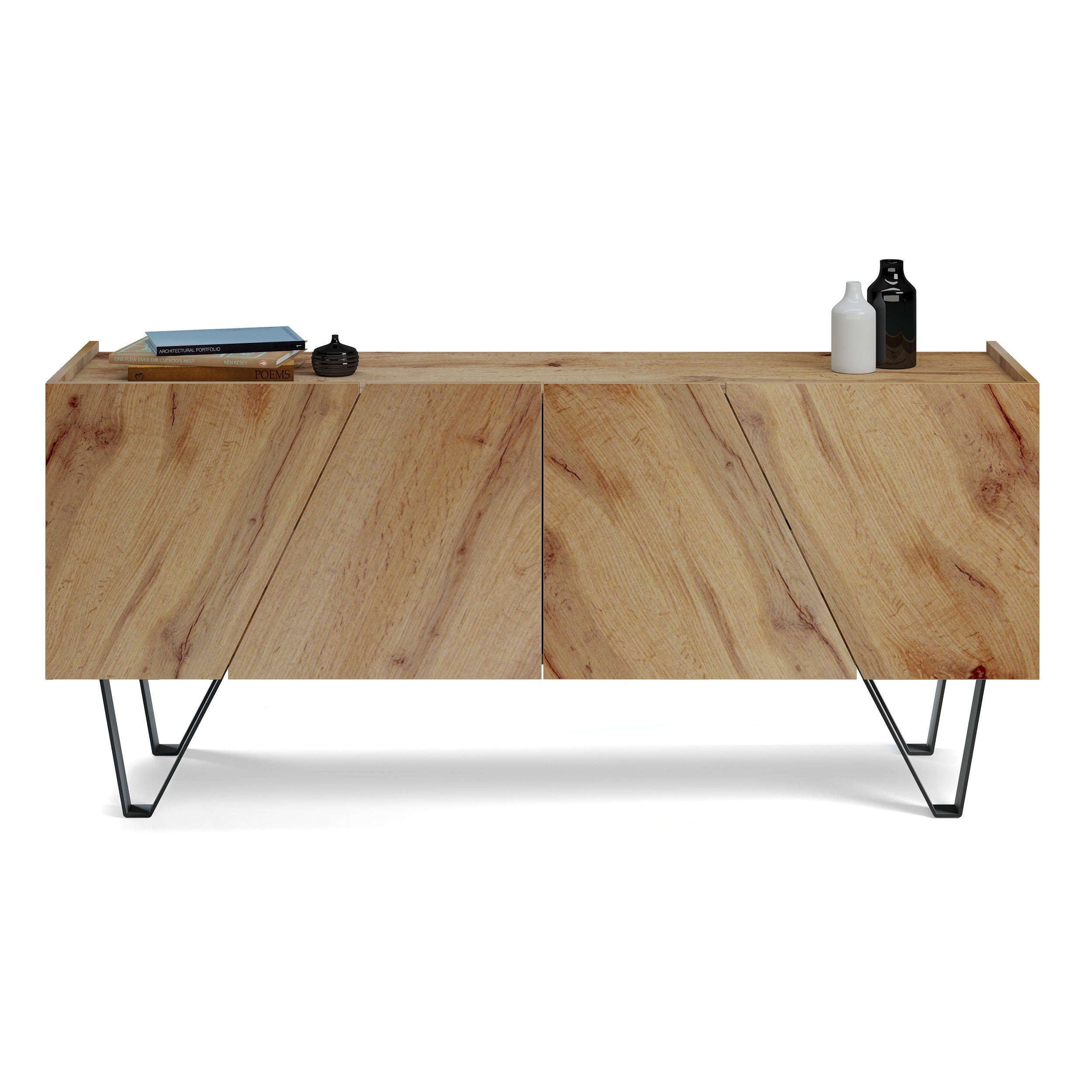 Buffet 4 portes Emma, bois rustique, avec pieds noirs