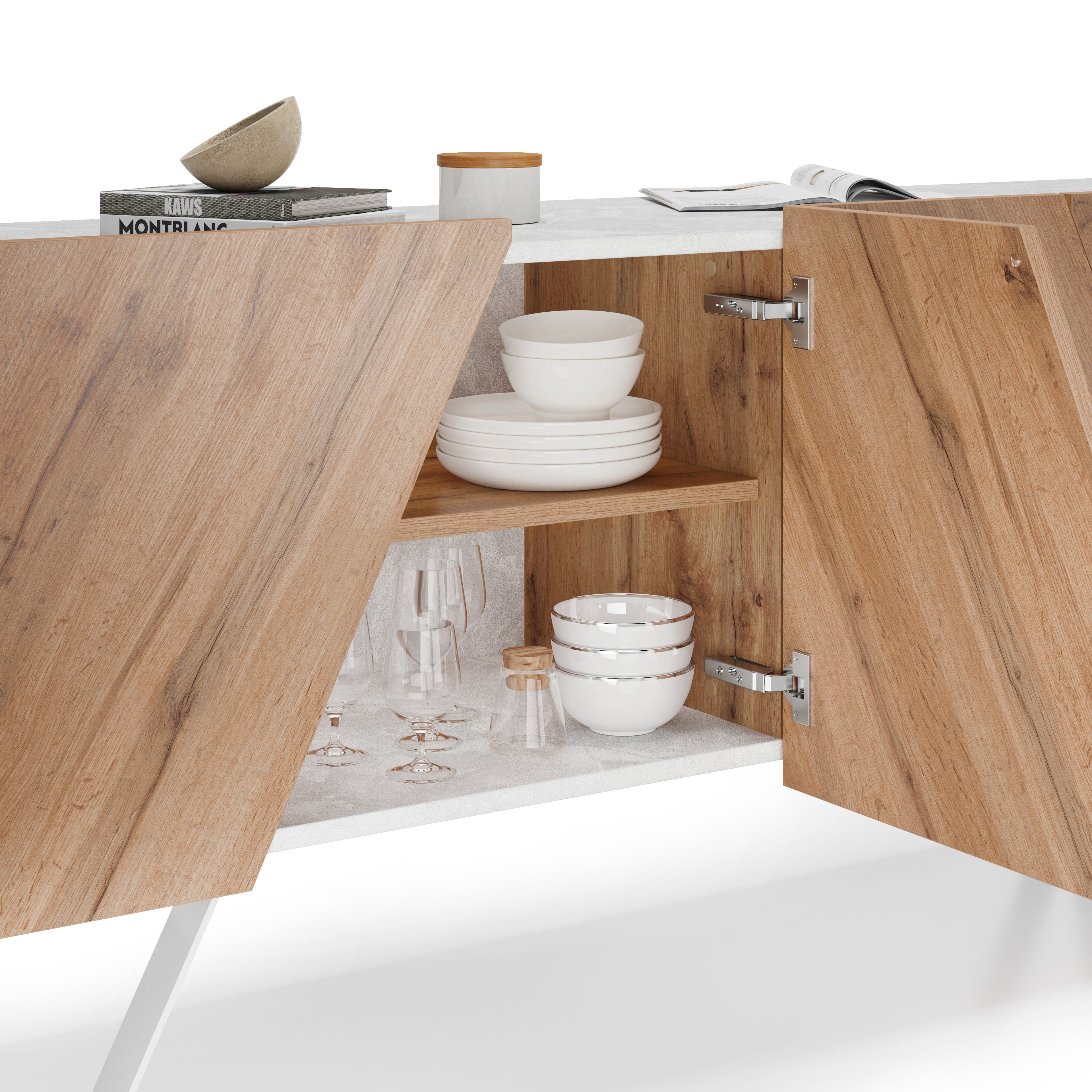 Madia-Buffet 4 ante Emma con gambe bianche, Rovere Rustico e Bianco Cemento - Immagine dettaglio 3