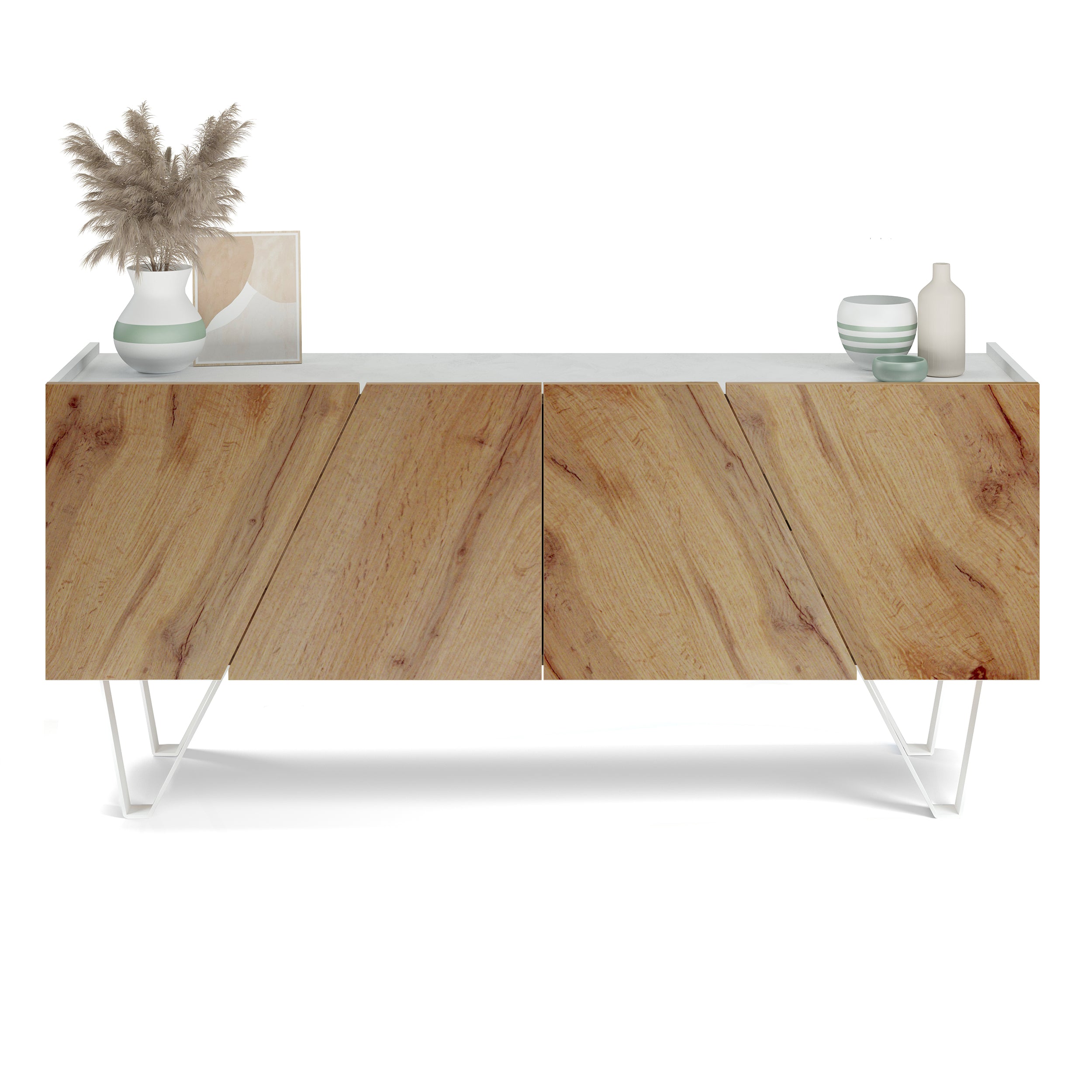 Buffet 4 portes Emma, Blanc Béton et bois rustique, avec pieds blancs