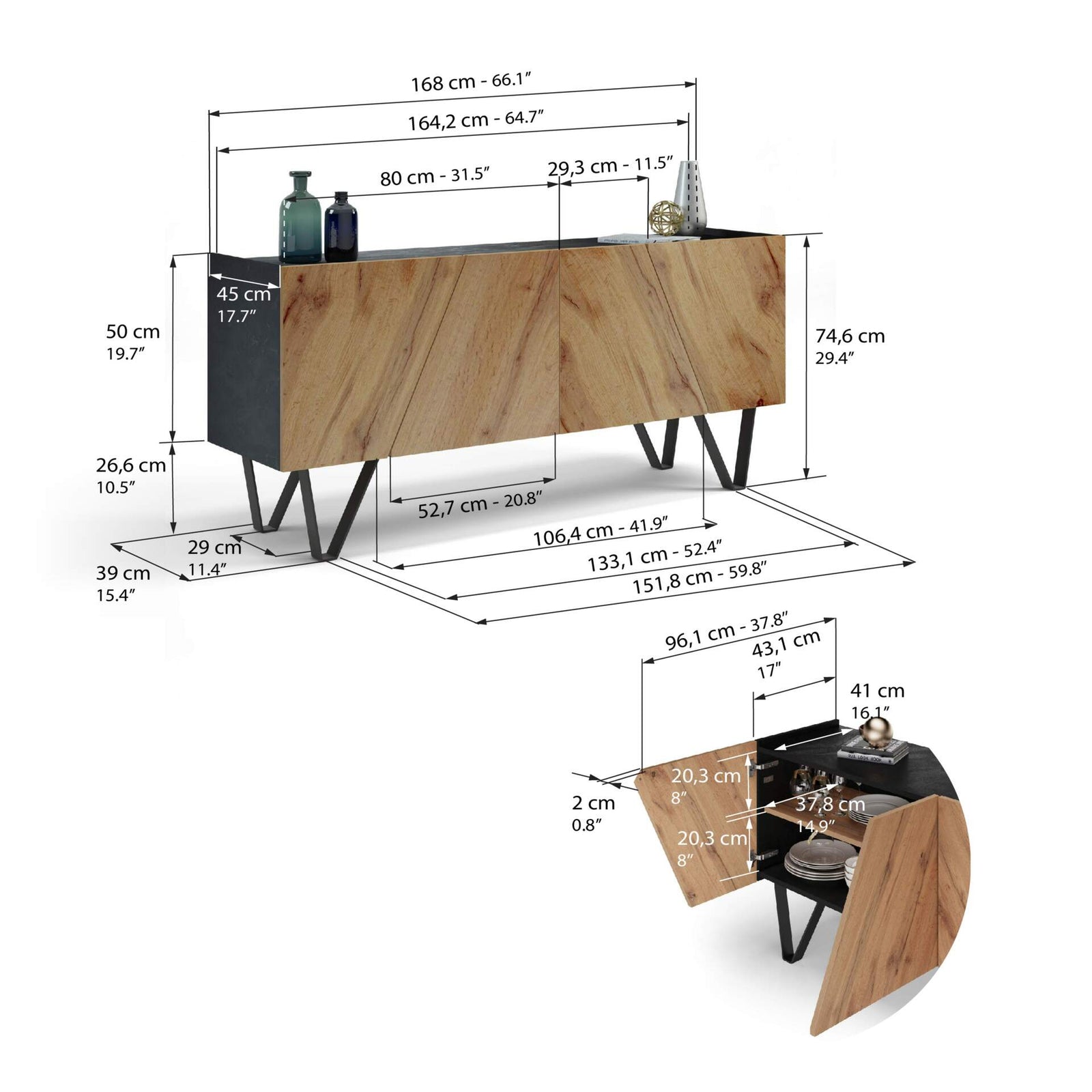 Madia-Buffet 4 ante Emma con gambe nere, Rovere Rustico e Nero Cemento - Immagine tecnica 1