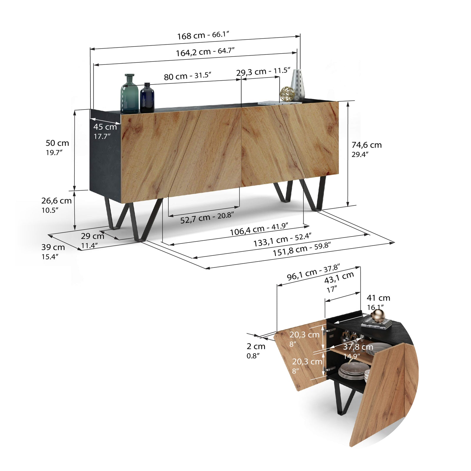 Emma 4-door Sideboard with black legs, Concrete Black Effect and Rustic Oak - Immagine tecnica 1
