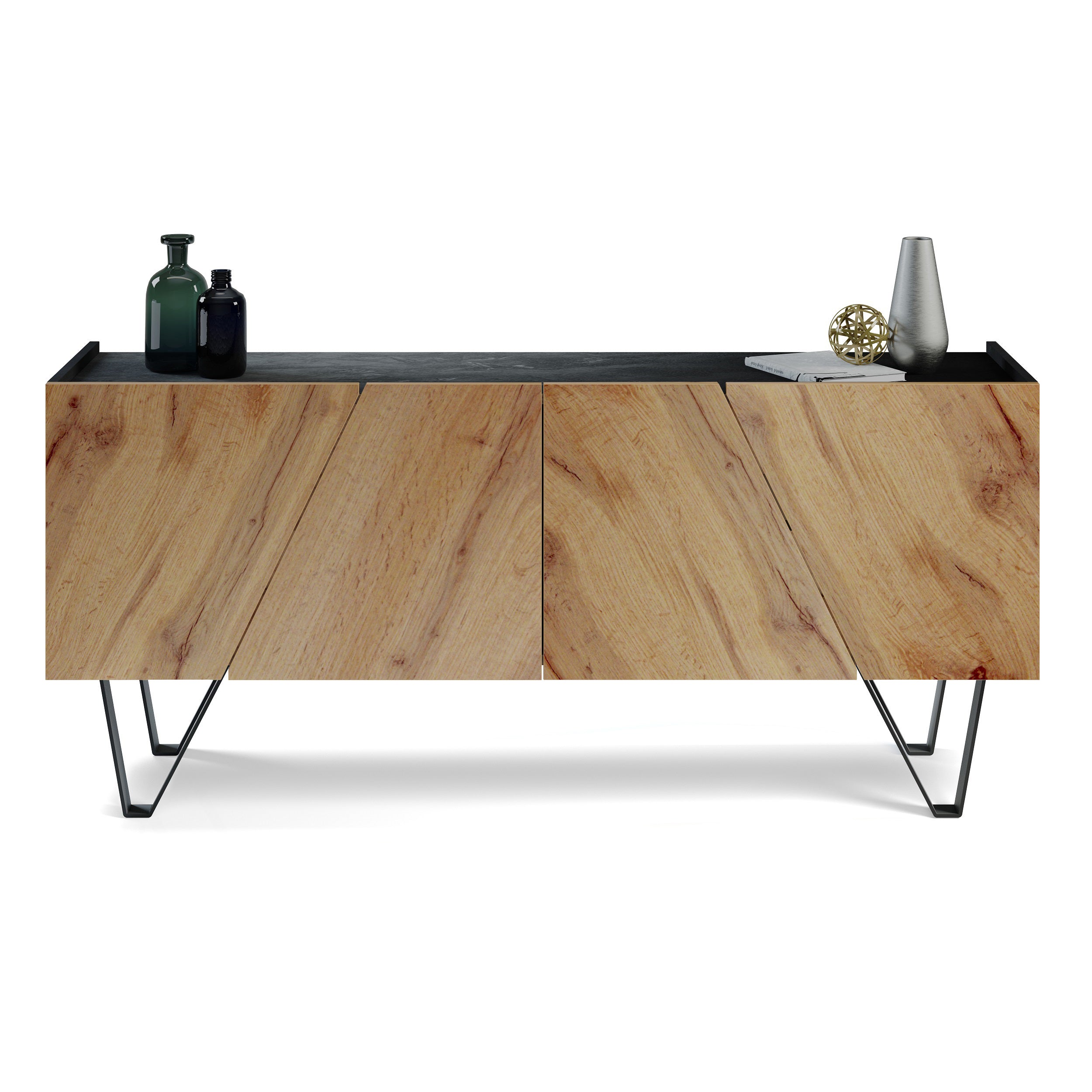 Buffet 4 portes Emma, Noir Béeton et bois rustique, avec pieds noirs