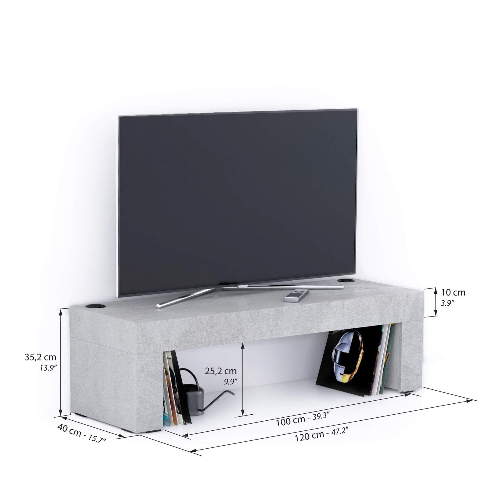 Mueble de TV Evolution 120x40, Cemento Gris con cargador inalámbrico - Immagine tecnica 1
