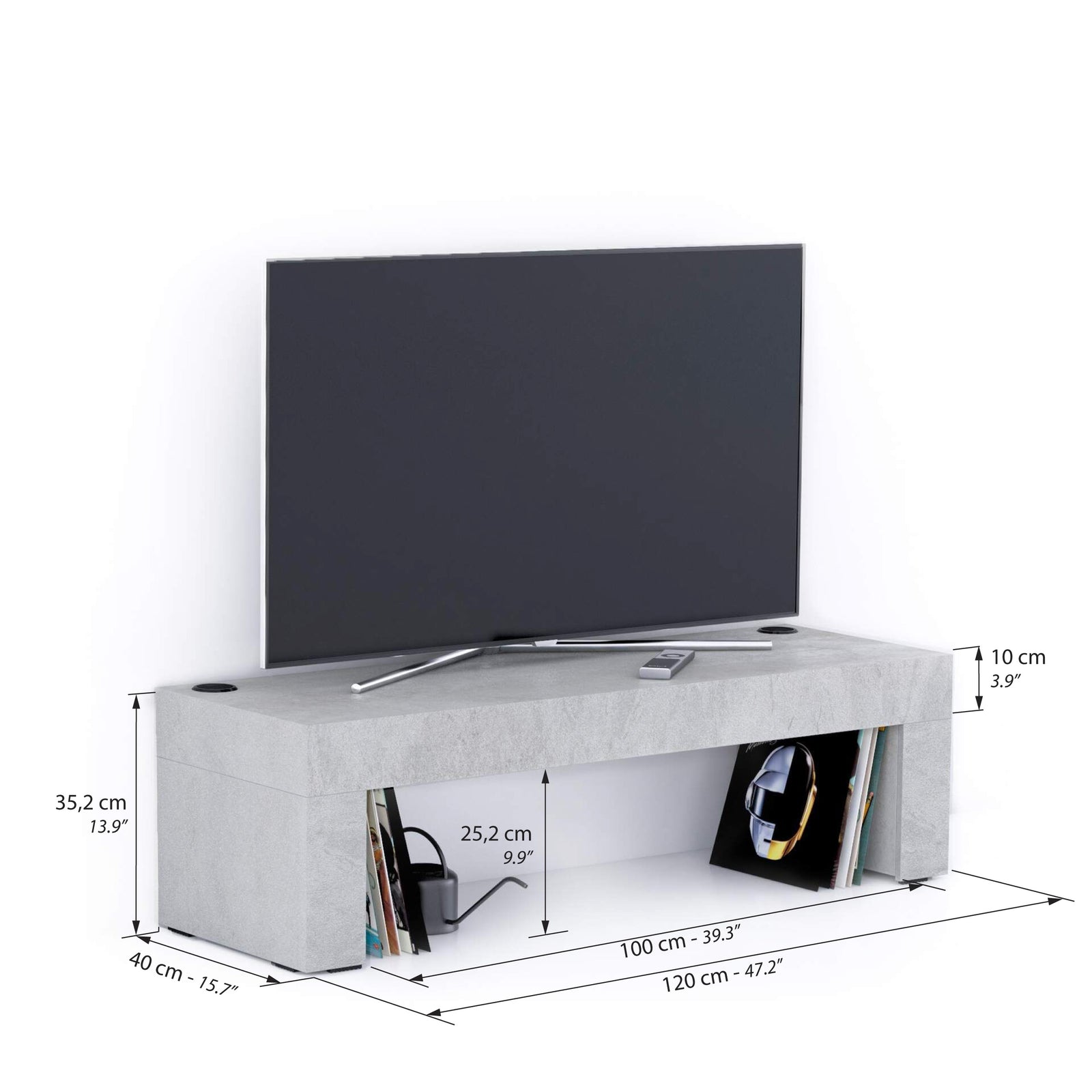 TV-Meubel Evolution 120x40, Cement Grijs, met Draadloze Oplader - Immagine tecnica 1