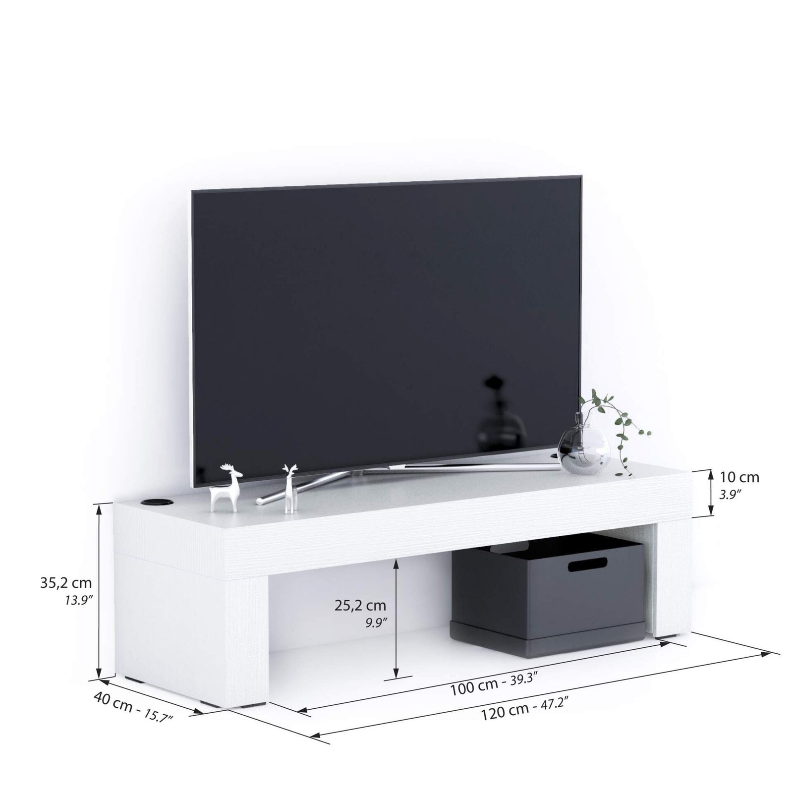 Evolution TV-Schrank 120 x 40 mit kabellosem Ladegerät, Esche, Weiß - Immagine tecnica 1
