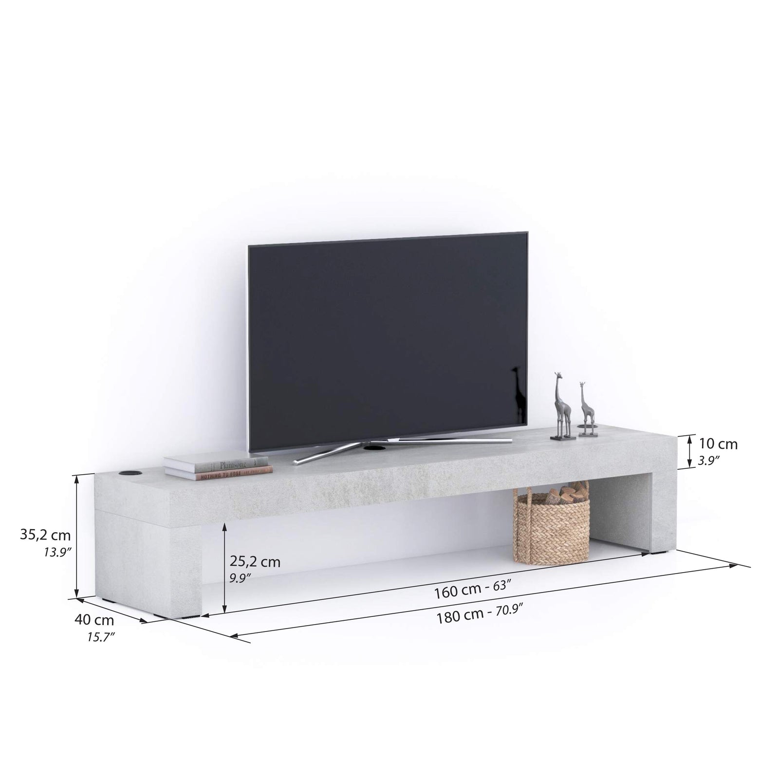 Evolution TV Stand 70.8x15.7 in, with Wireless Charger, Concrete Effect, Grey - Immagine tecnica 1