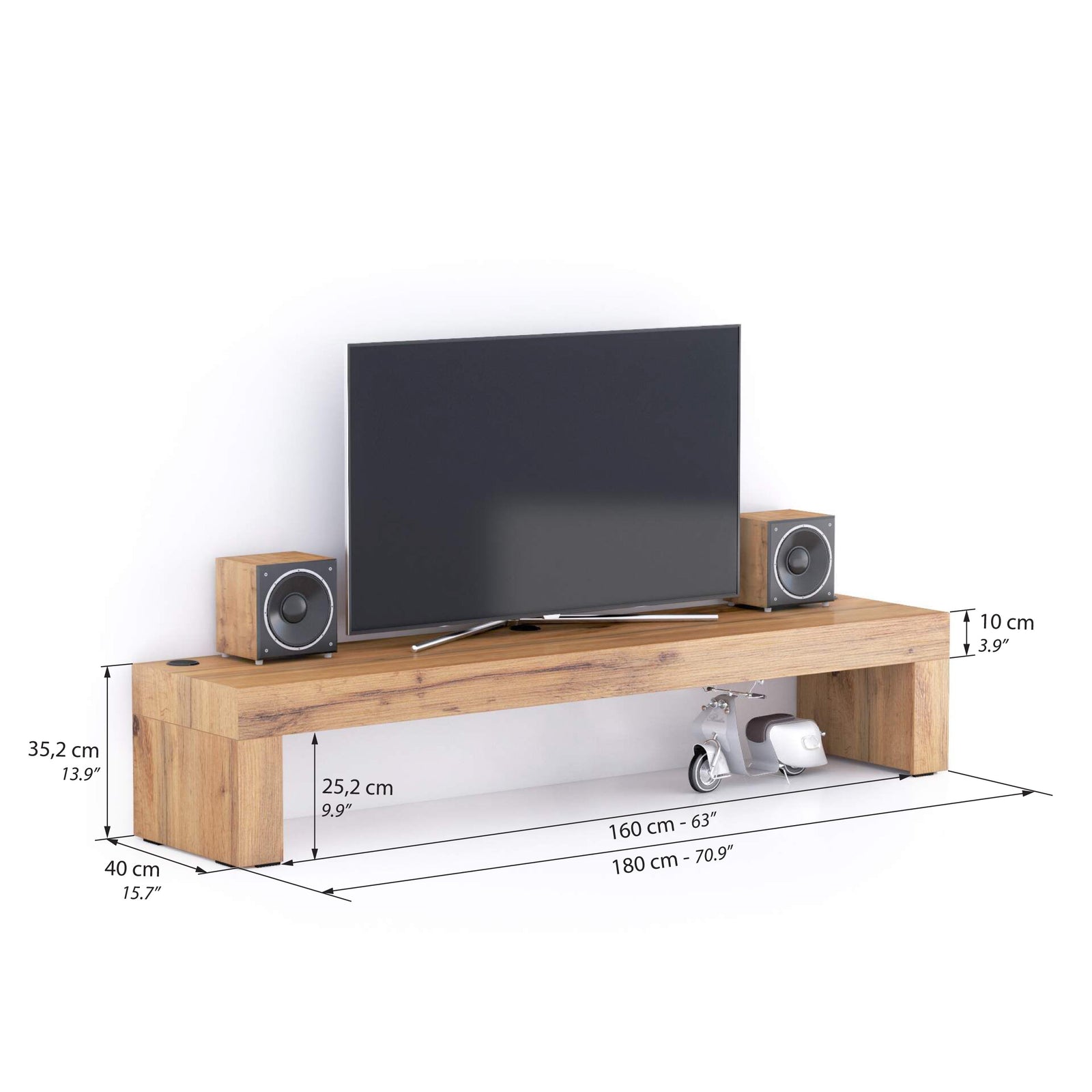 Evolution TV Stand 70.8x15.7 in, with Wireless Charger, Rustic Oak - Immagine tecnica 1