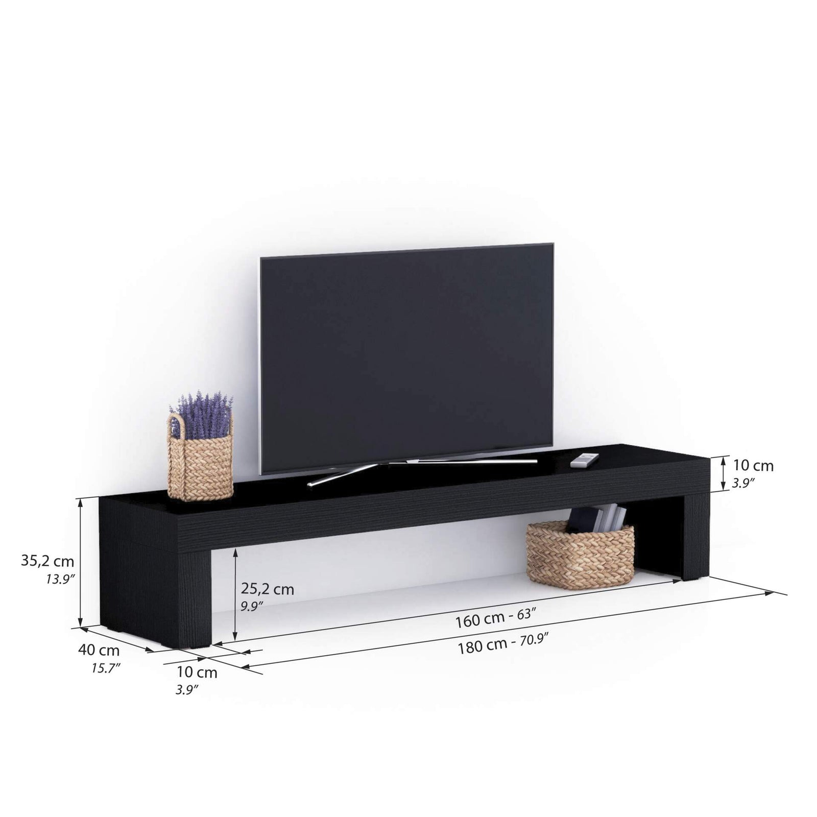 Porta Tv Evolution 180x40, Nero Frassino - Immagine tecnica 1