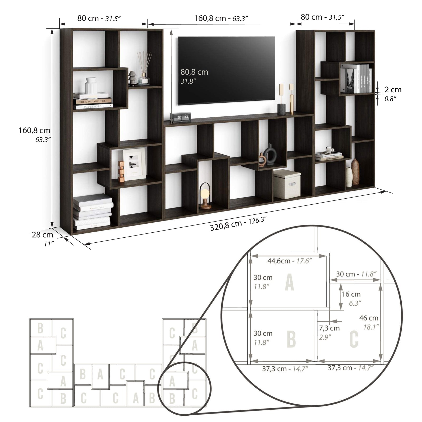 Iacopo TV wall unit, Dark Walnut - Immagine tecnica 1
