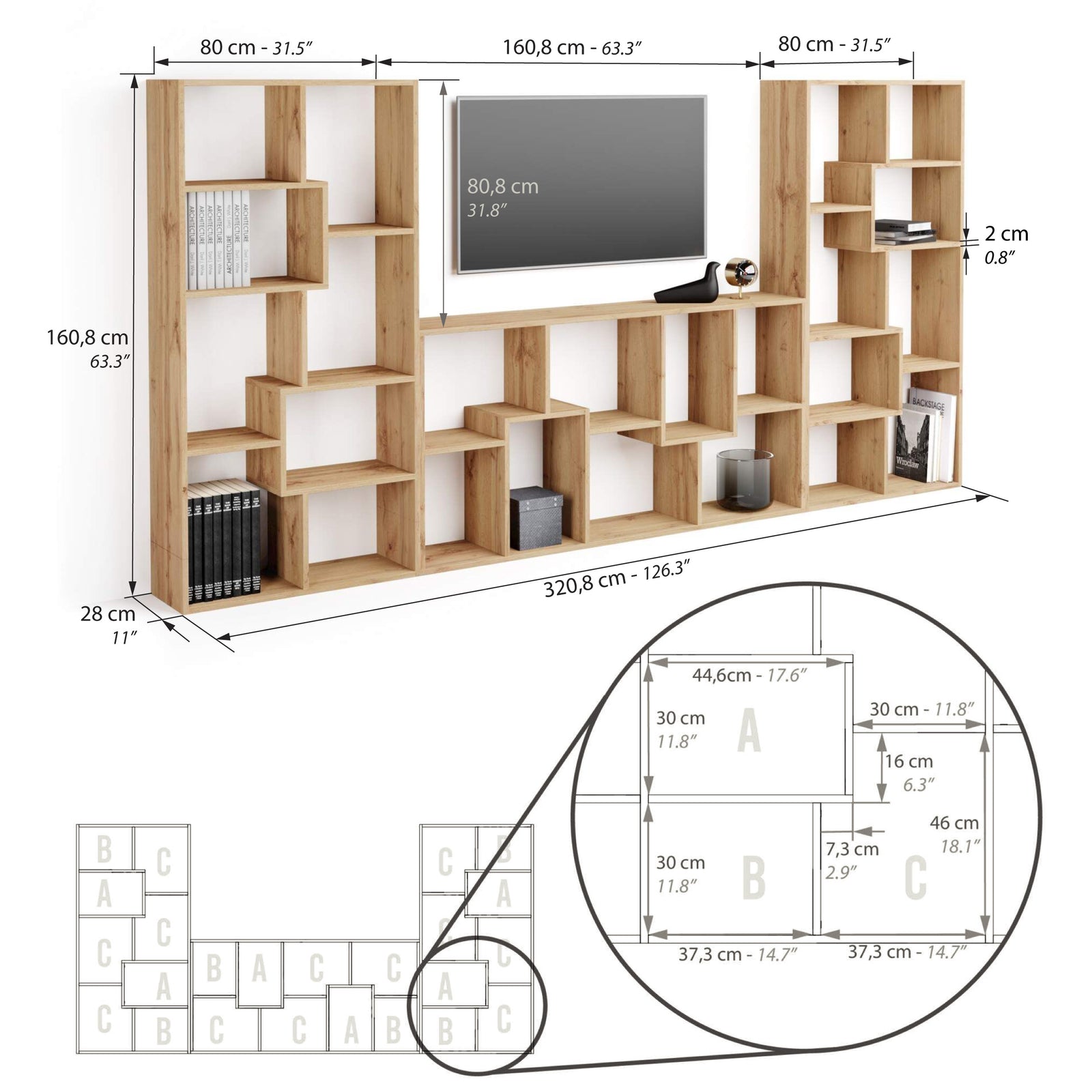 Mueble de TV Iacopo, color Madera rústica - Immagine tecnica 1