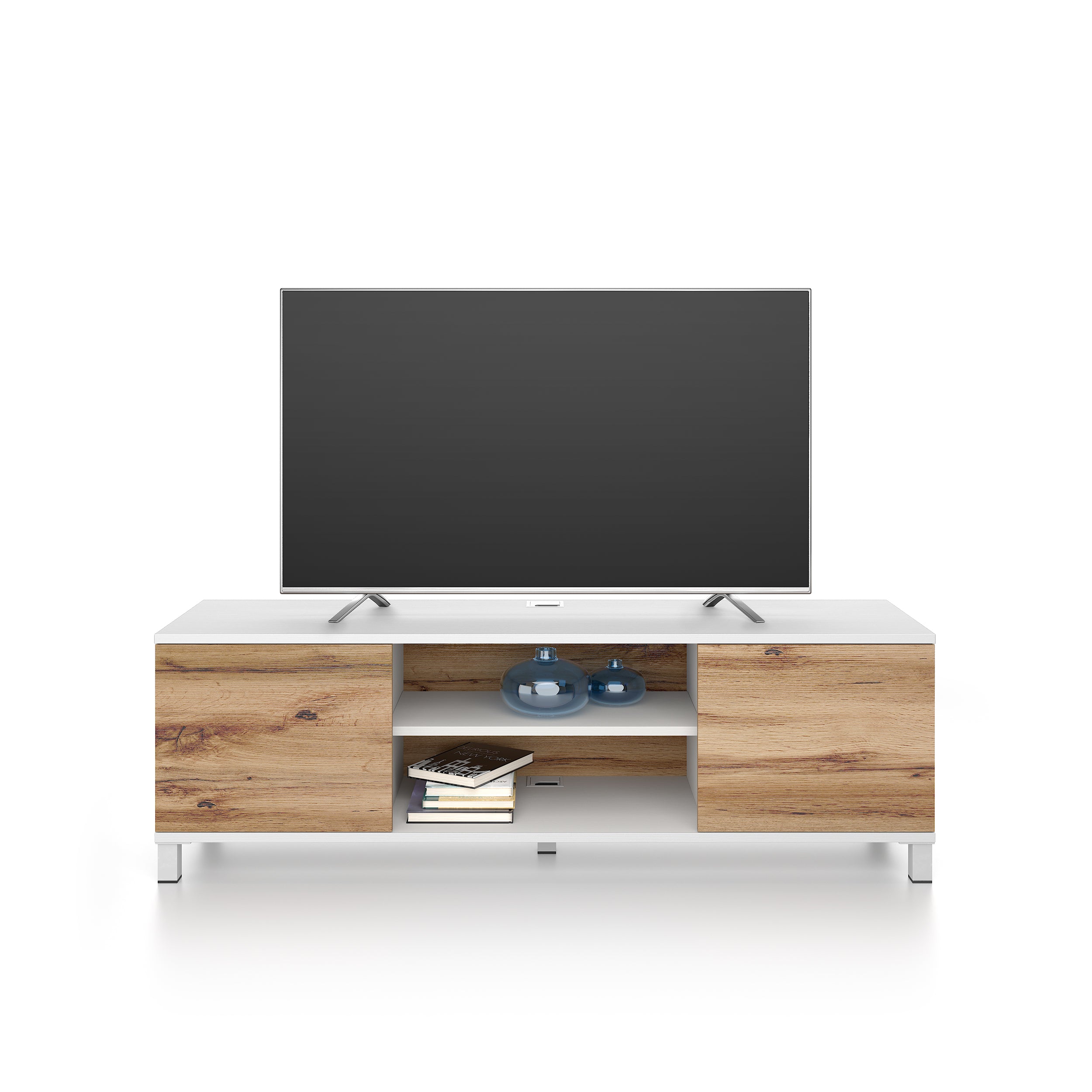 Meuble TV Rachele, Frêne blanc - Bois Rustique