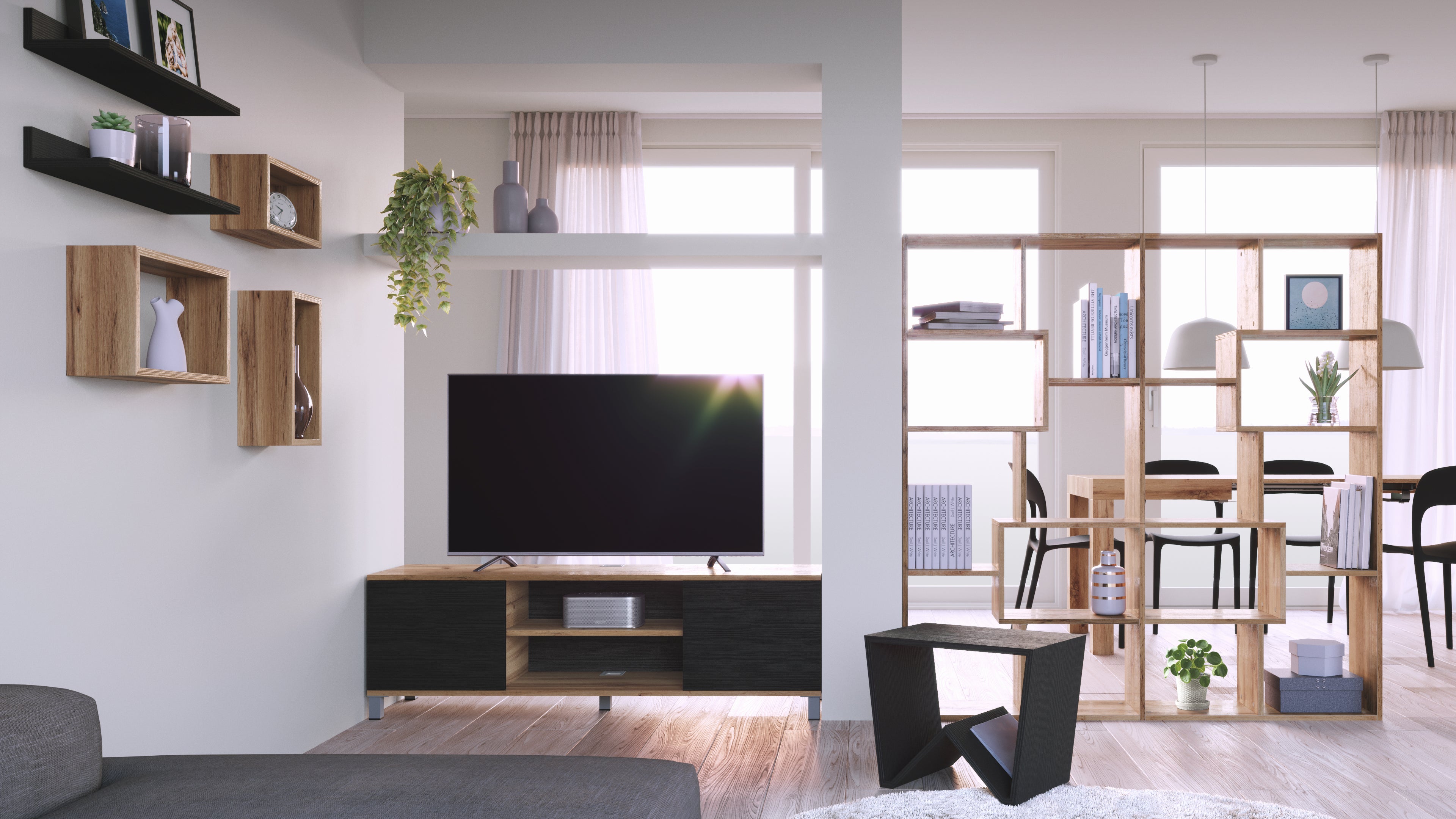 Rachele, TV-Schank, rustikale Eiche und Esche, Weiß - Set image 1