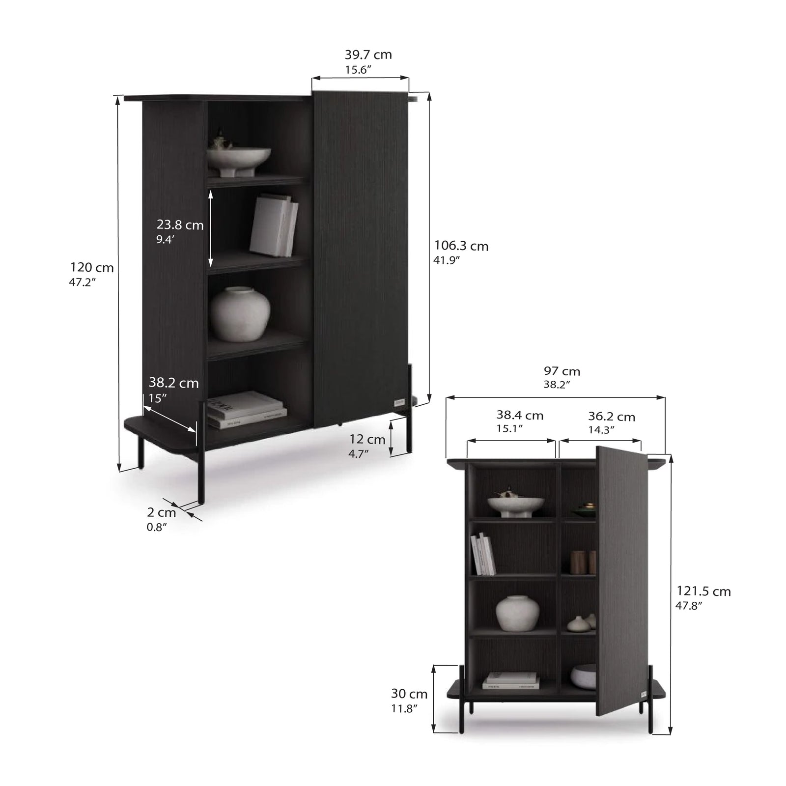 Hohe Olivia Anrichte mit 1 Tür (97x40,3x120 cm), Esche, Schwarz - Immagine tecnica 1