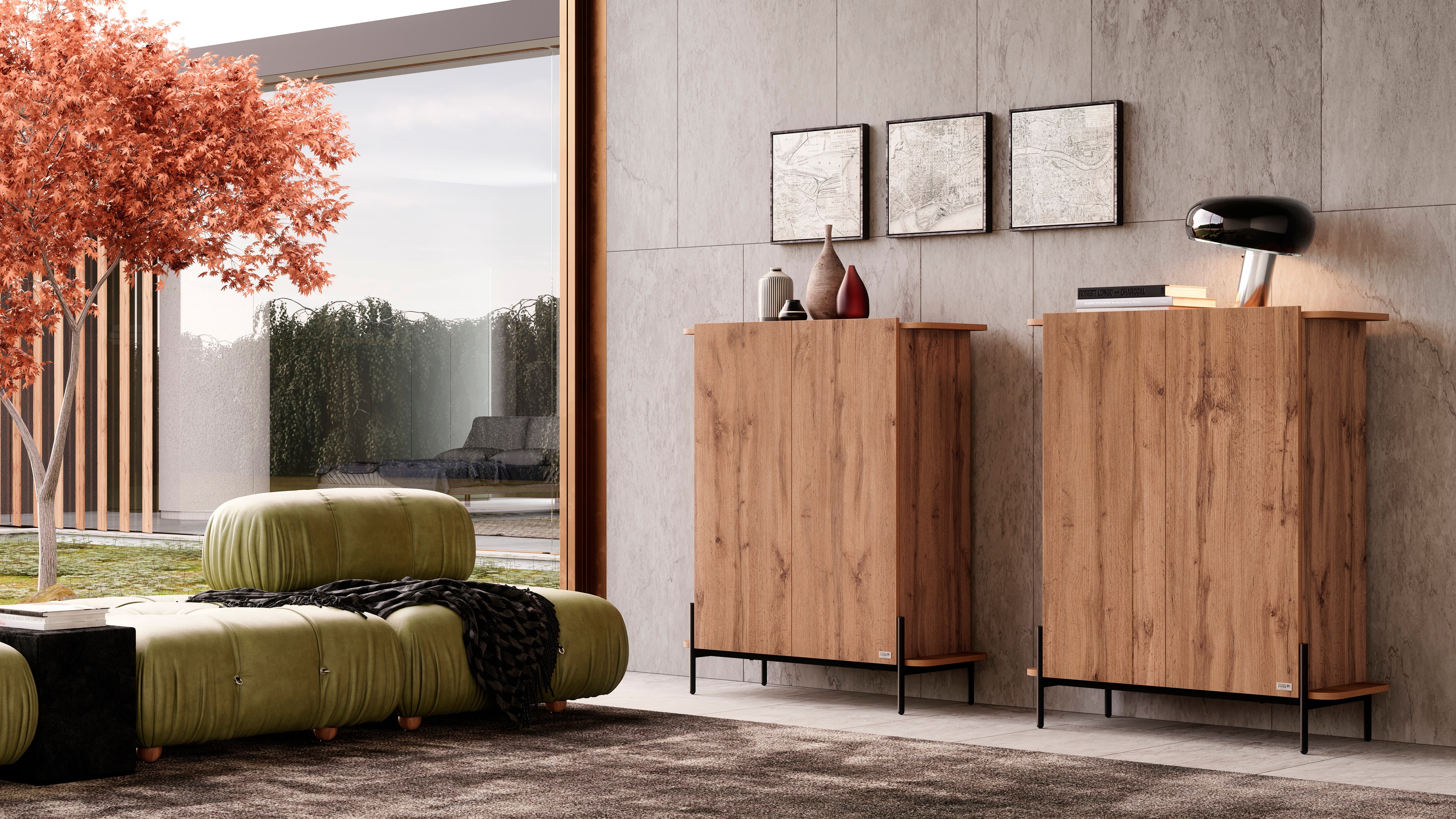Credenza Alta Olivia con 1 Anta (97x40,3x120 cm), Rovere Rustico - Immagine ambientata 1