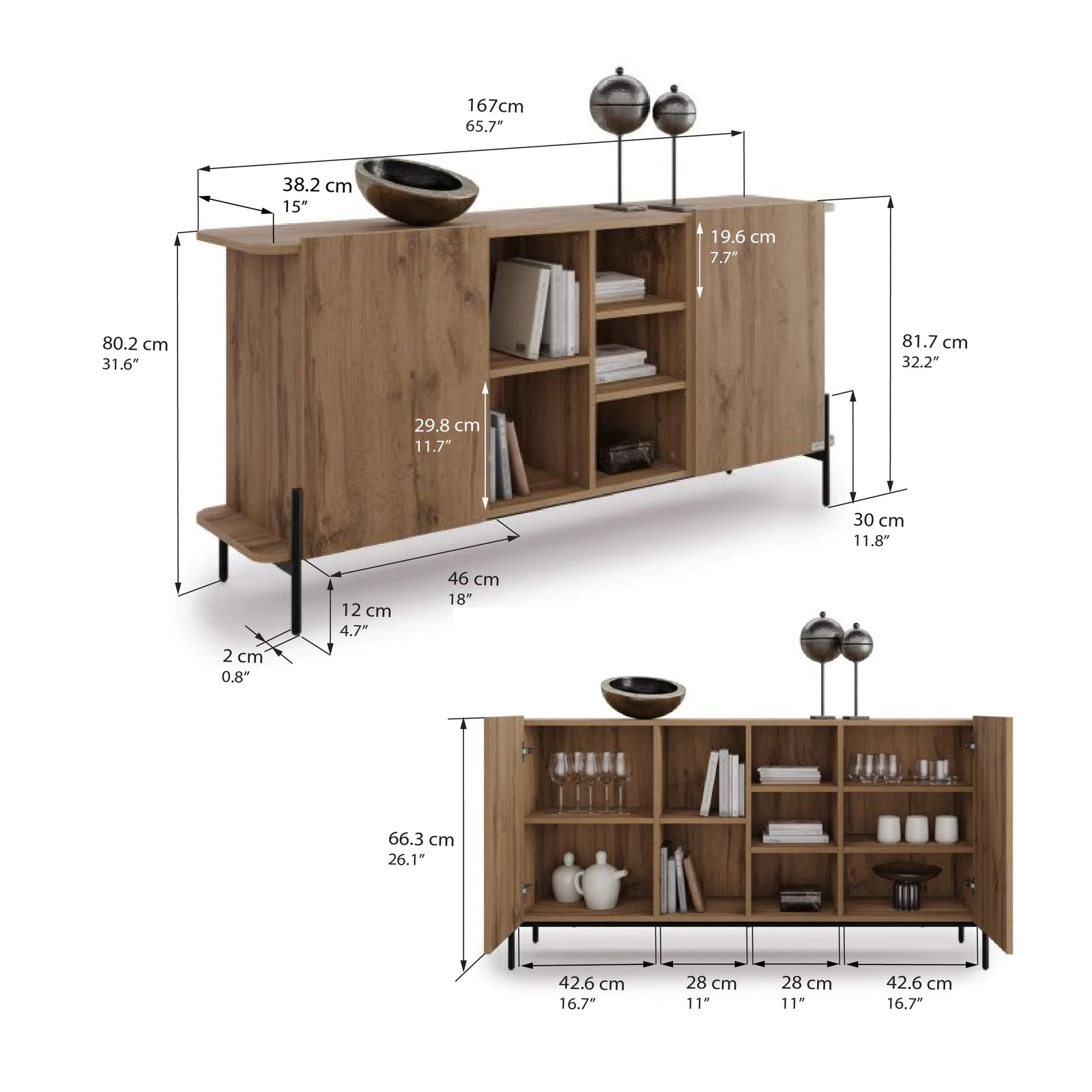 Madia Olivia con 2 ante (167x40,3x81,7 cm), Rovere Rustico - Immagine tecnica 1