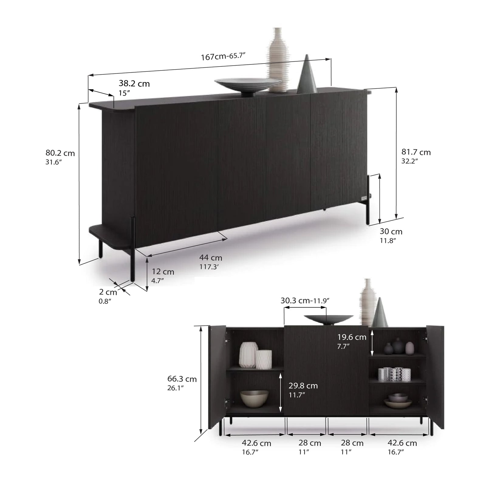 Olivia Sideboard mit 4 Türen (167x40,3x81,7 cm), Esche, Schwarz - Immagine tecnica 1