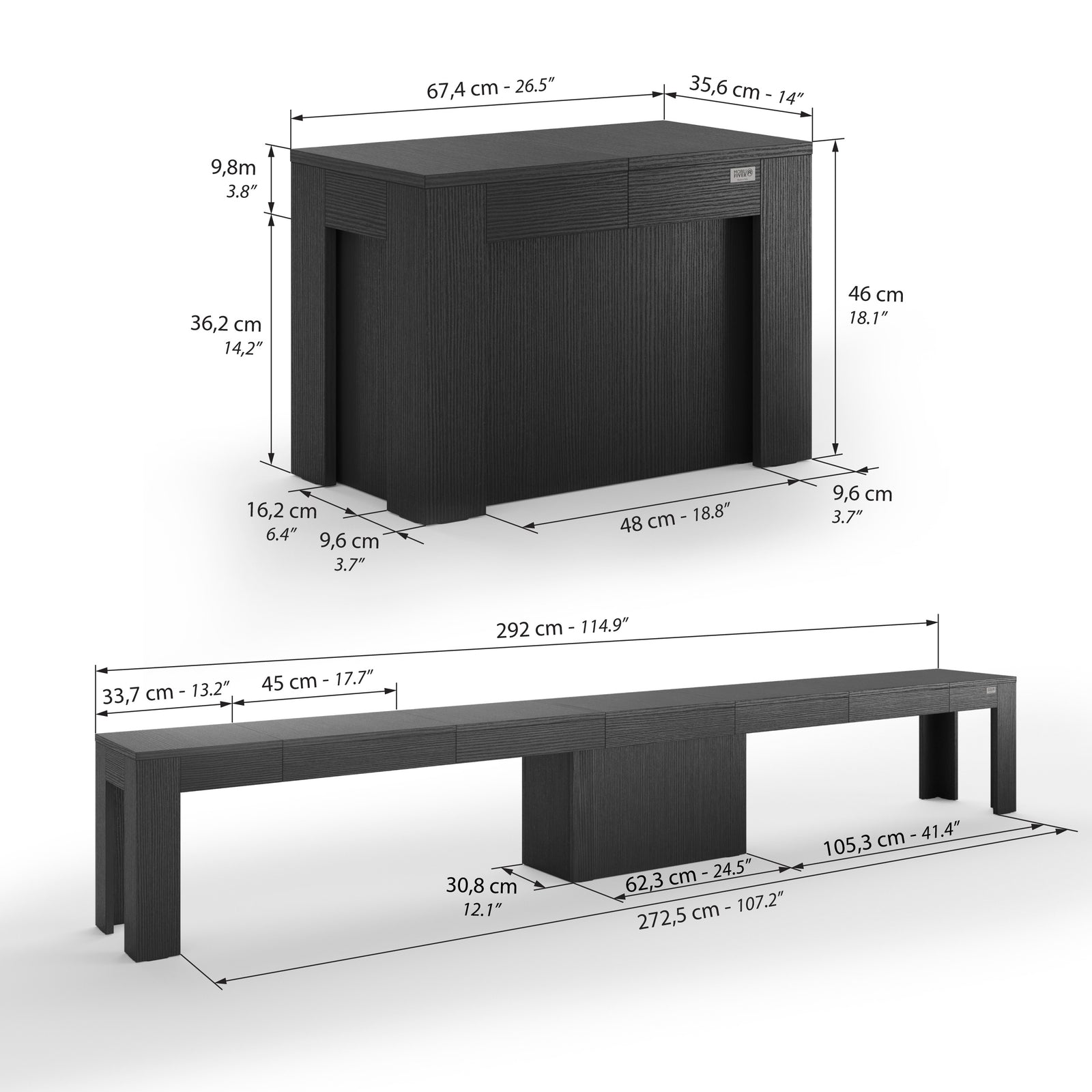 Banco extensível Rachele 67,5(292)x35,6 cm, Freixo Preto - Immagine tecnica 1
