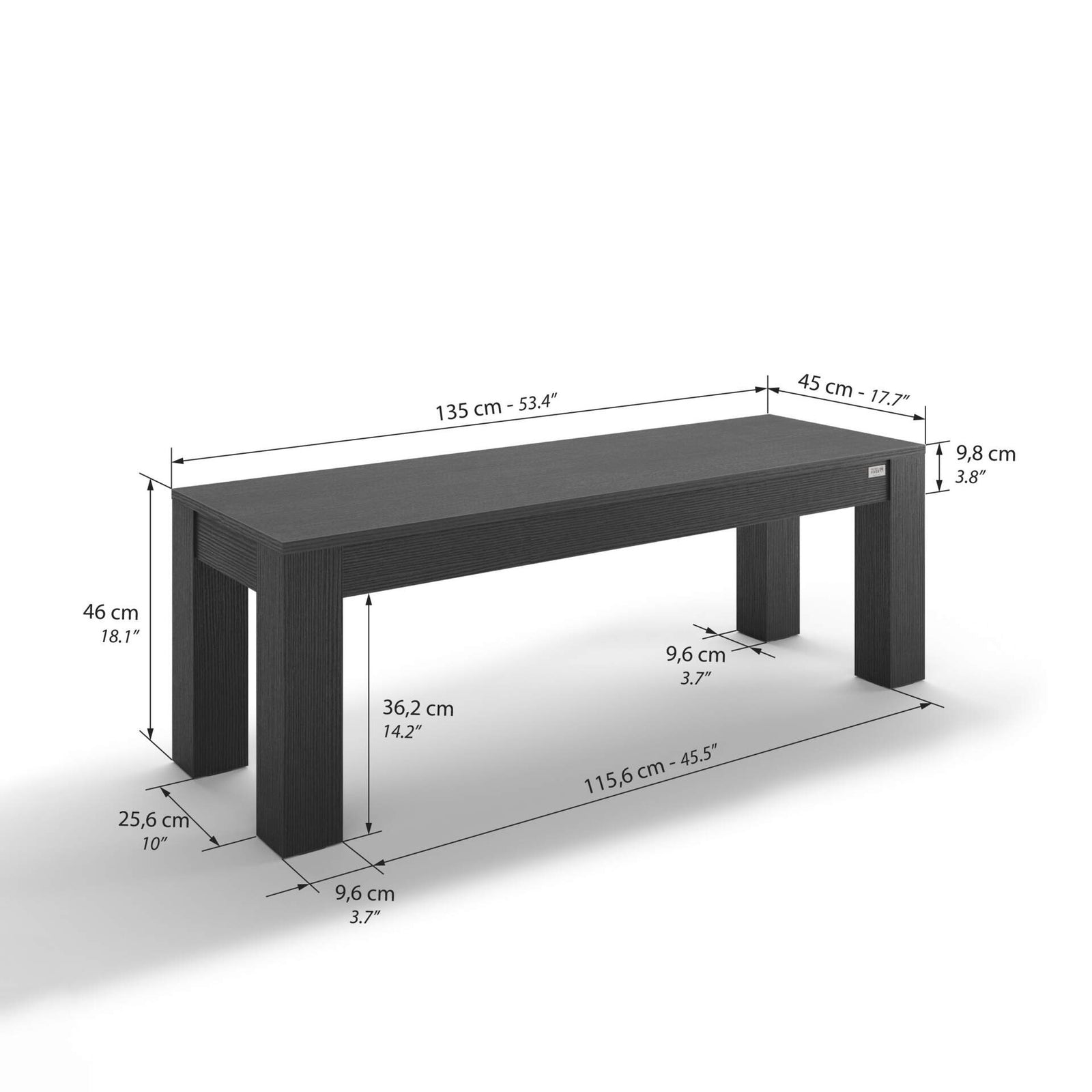 Banc d'entrée Rachele 135x45 cm, Frêne Noir - Immagine tecnica 1