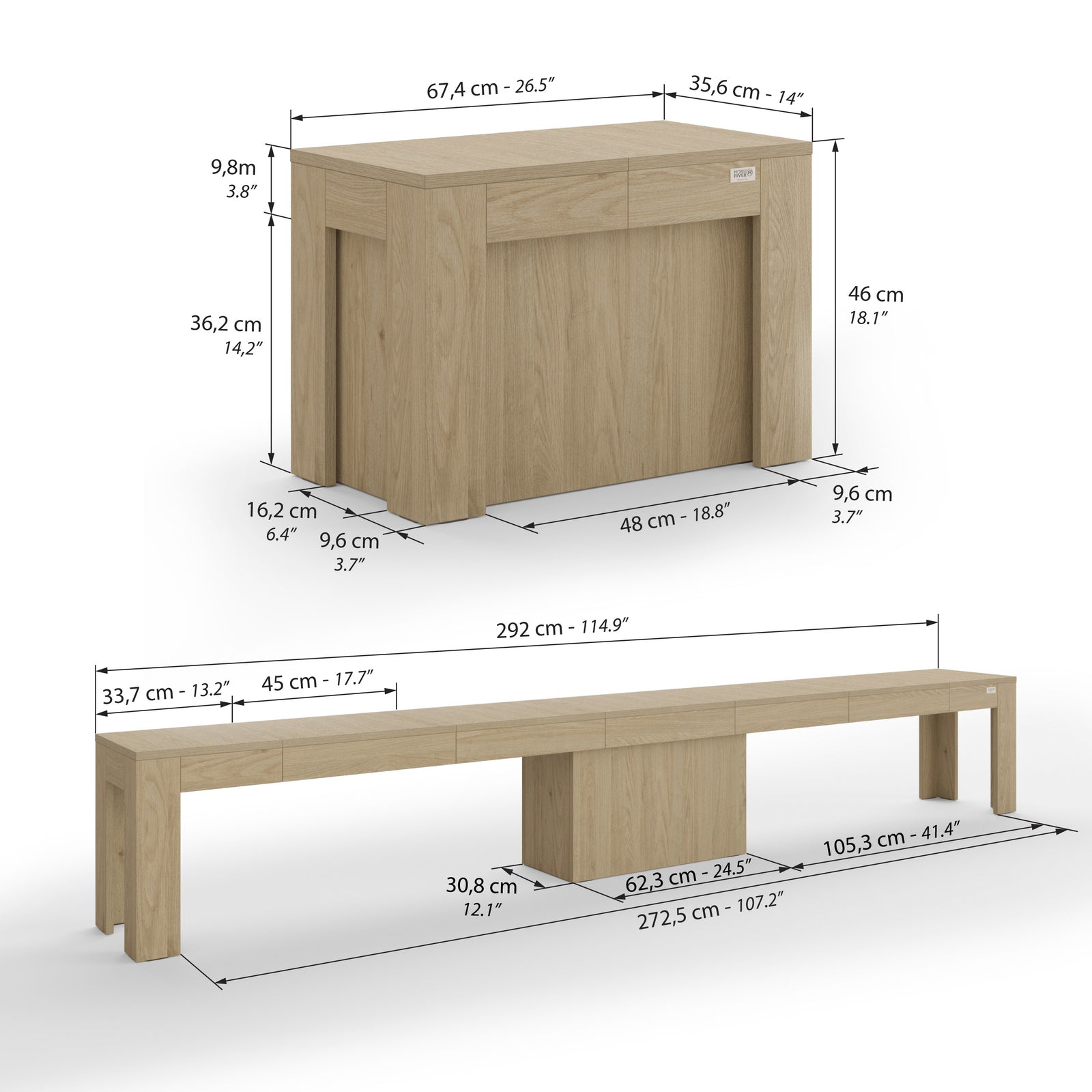 Consola extensível Rachele 46(306)x90 cm + 2 bancos extensíveis Rachele 67,5(292)x35 cm, Carvalho Natural - Immagine tecnica 2
