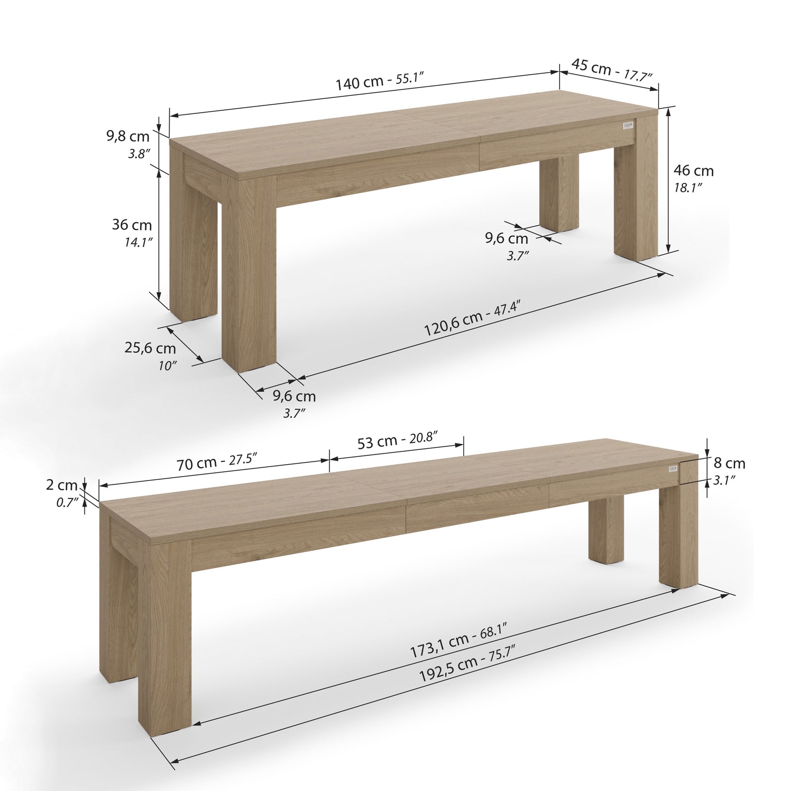 Uitschuifbare bank Rachele 140(192,5)x45 cm, Naturel Eiken - Immagine tecnica 1