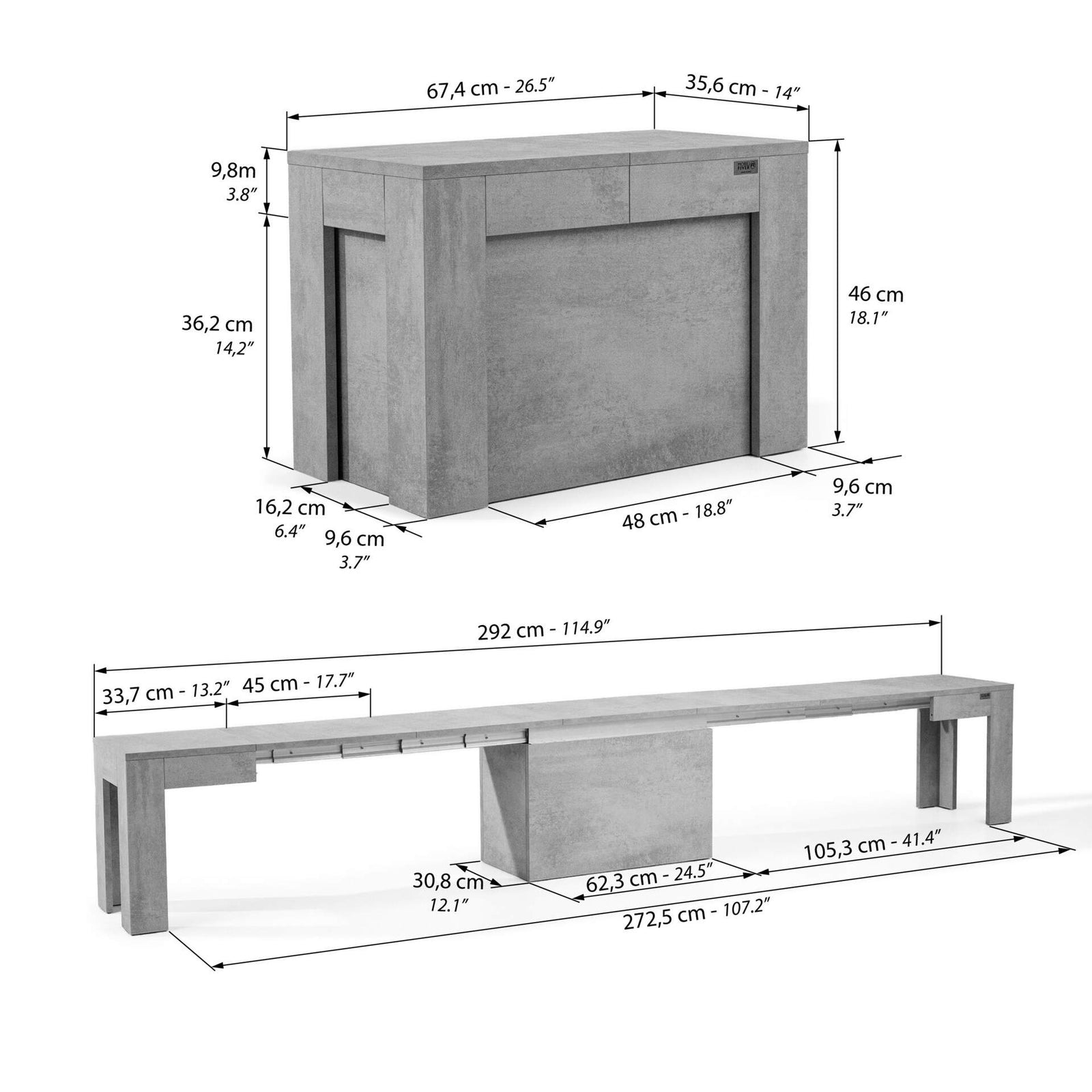 Uitschuifbare bank X 67,5(292)x35,6 cm, Grijs Beton - Immagine tecnica 1
