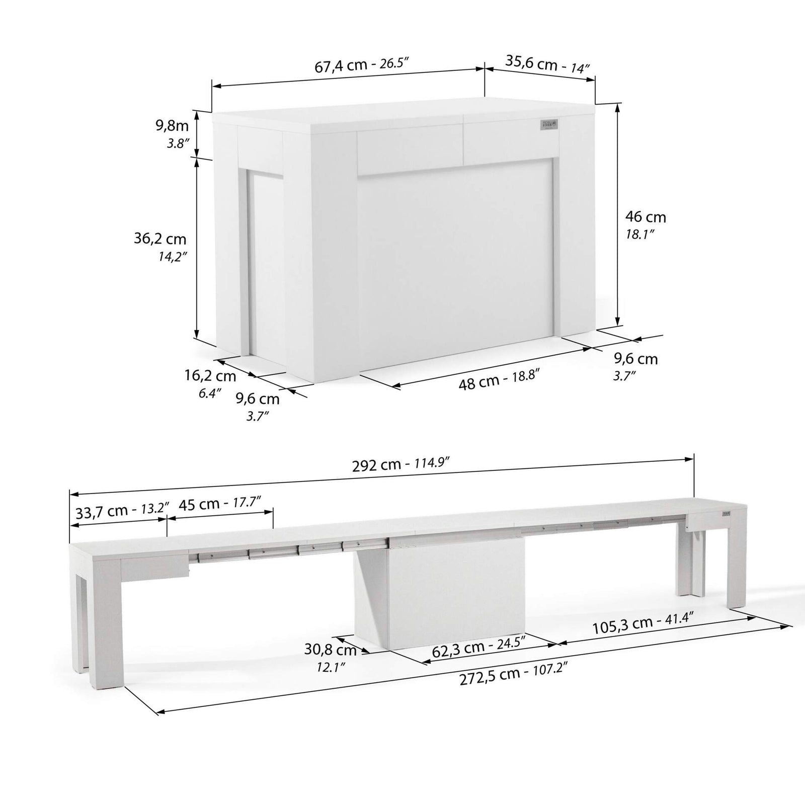 Banc Extensible X 67,5(292)x35,6 cm, Frêne Blanc - Immagine tecnica 1