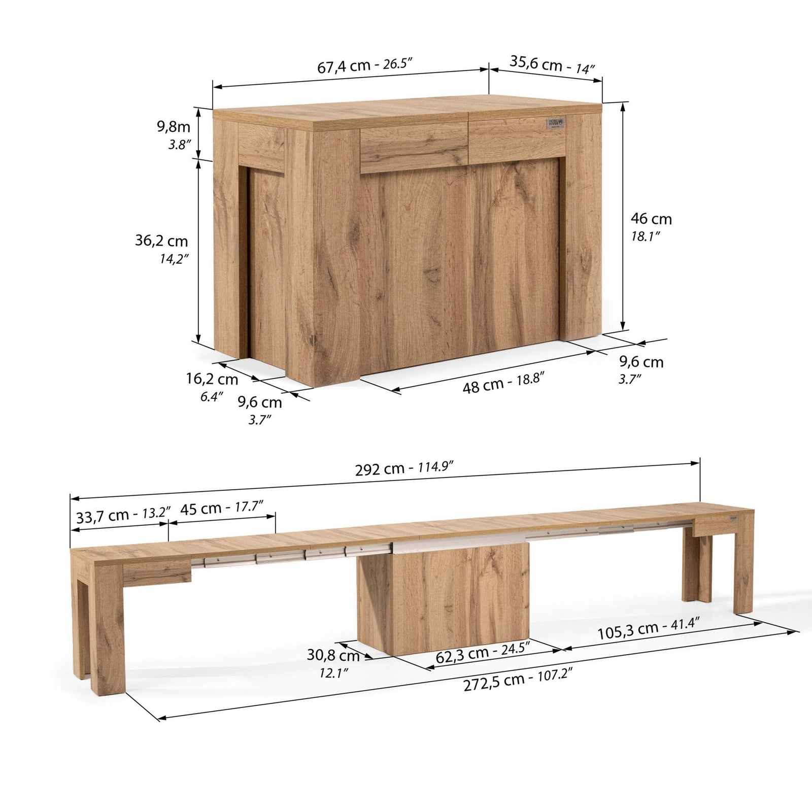 Banc Extensible X 67,5(292)x35,6 cm, Bois Rustique - Immagine tecnica 1