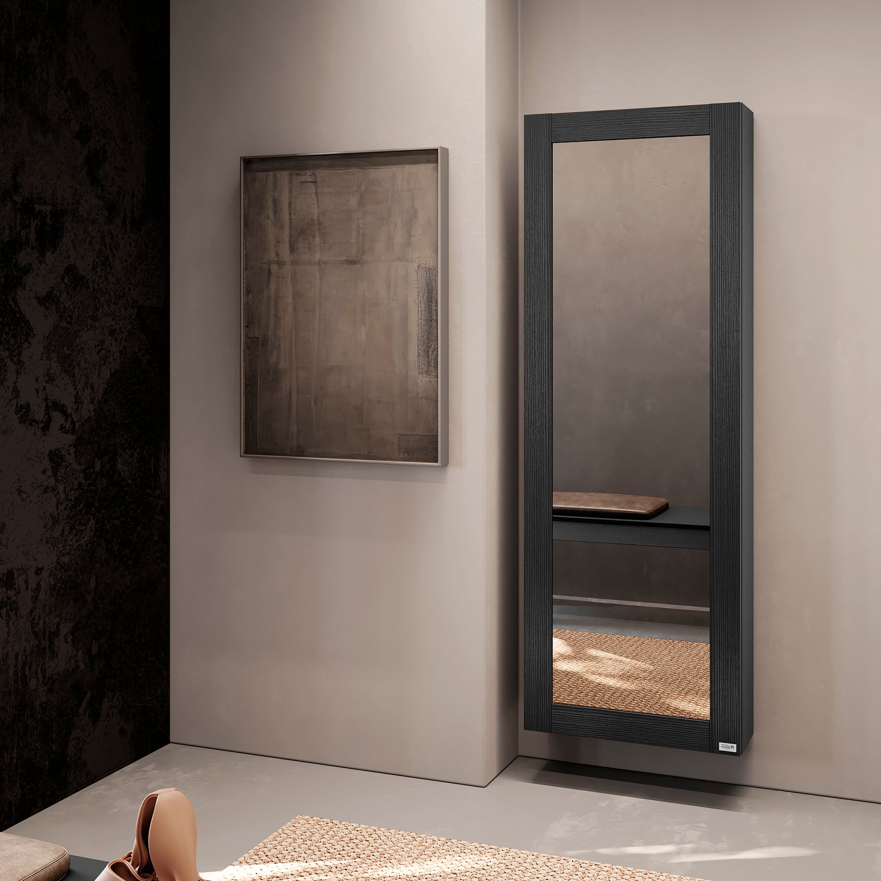 Hängeschuhschrank mit Spiegel Rachele 170x60 cm, Esche Zwart - Set image 1
