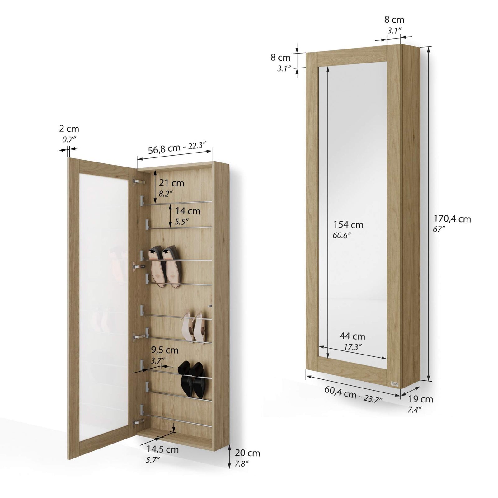 Hängeschuhschrank mit Spiegel Rachele 170x60 cm, Wildeiche - Immagine tecnica 1