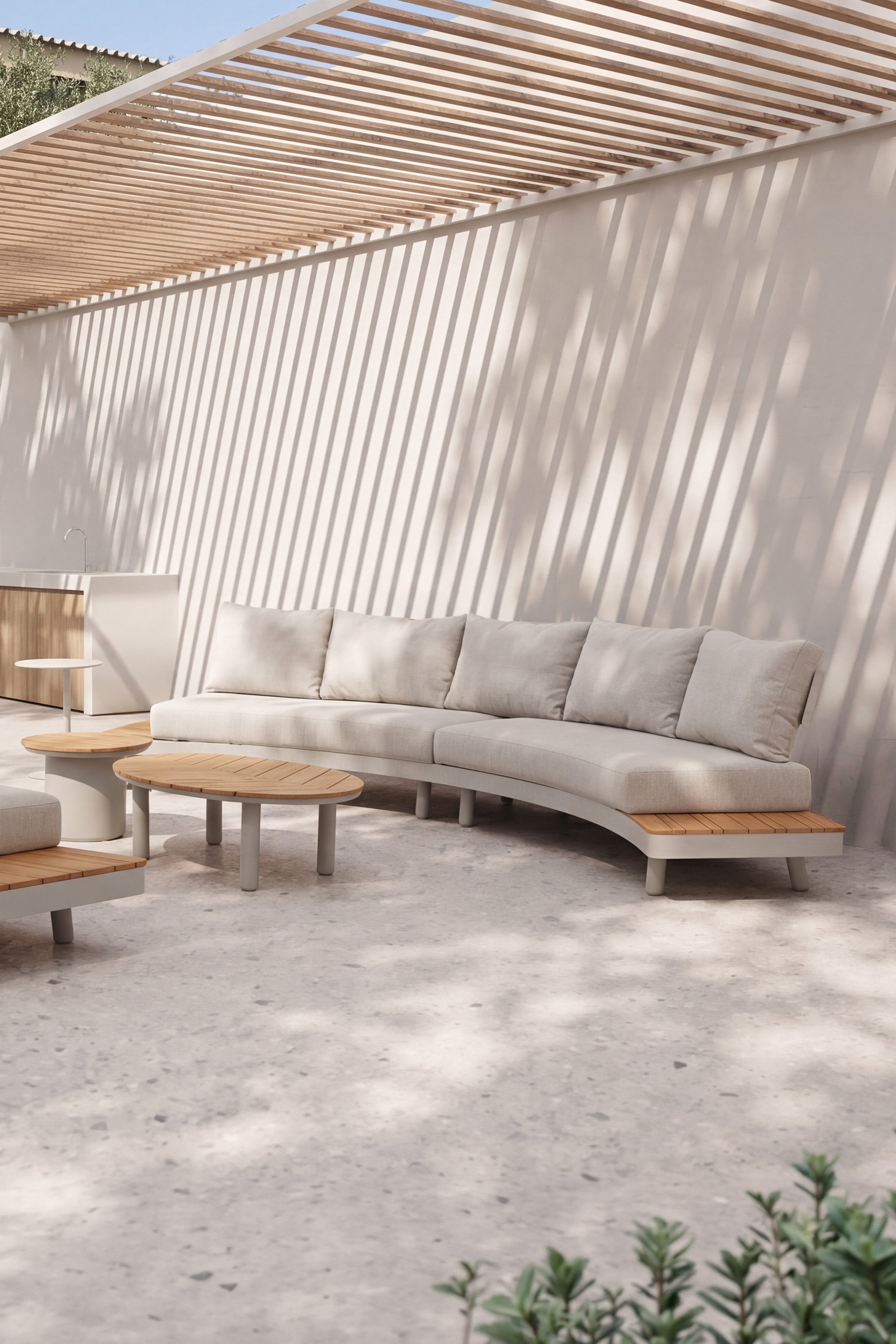 Set da giardino con divano 4 posti e tavolino ovale 110x69cm, Arya, Beige e legno di teak - gallery 2