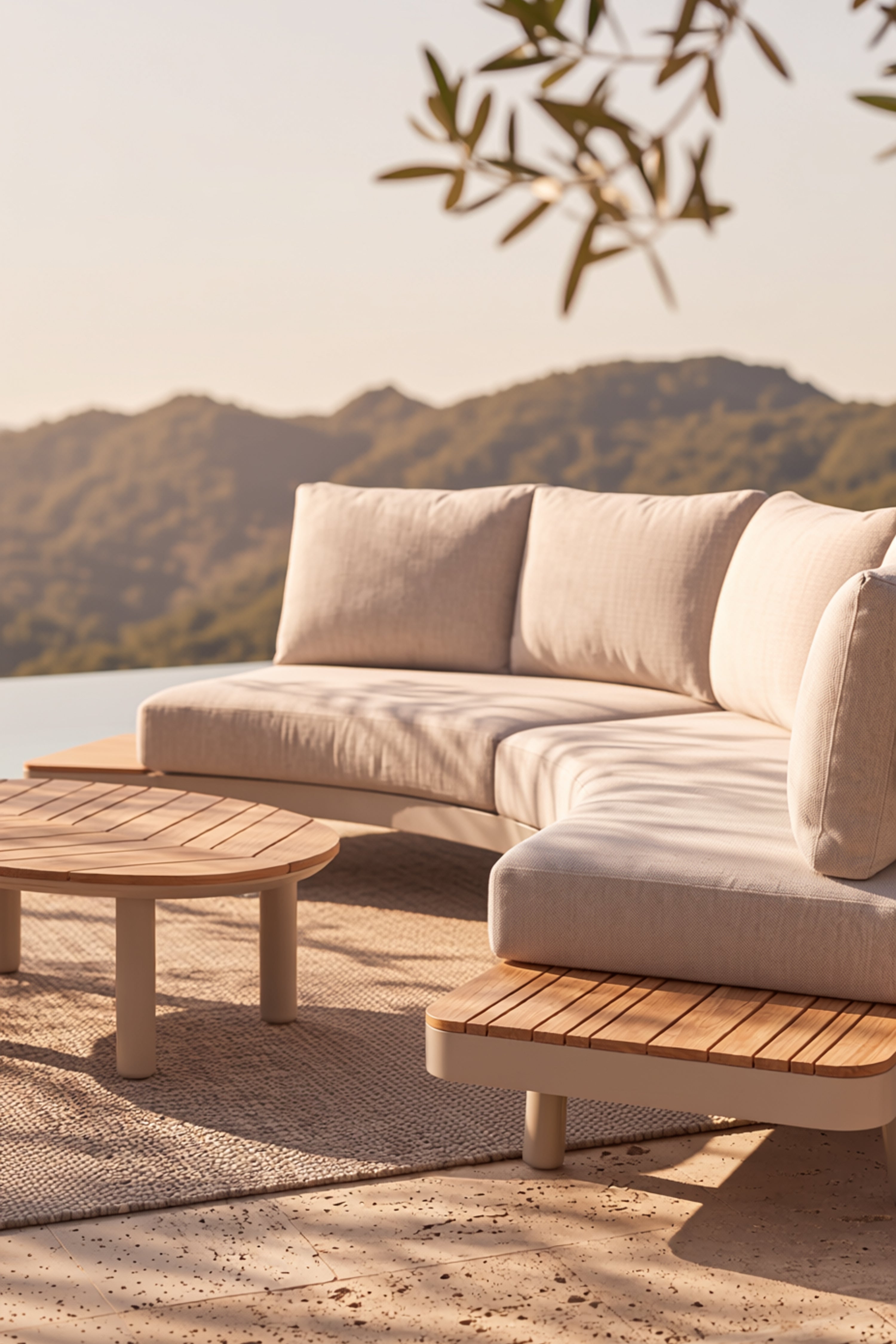 Set da giardino con divano 4 posti e tavolino ovale 110x69cm, Arya, Beige e legno di teak - gallery 4