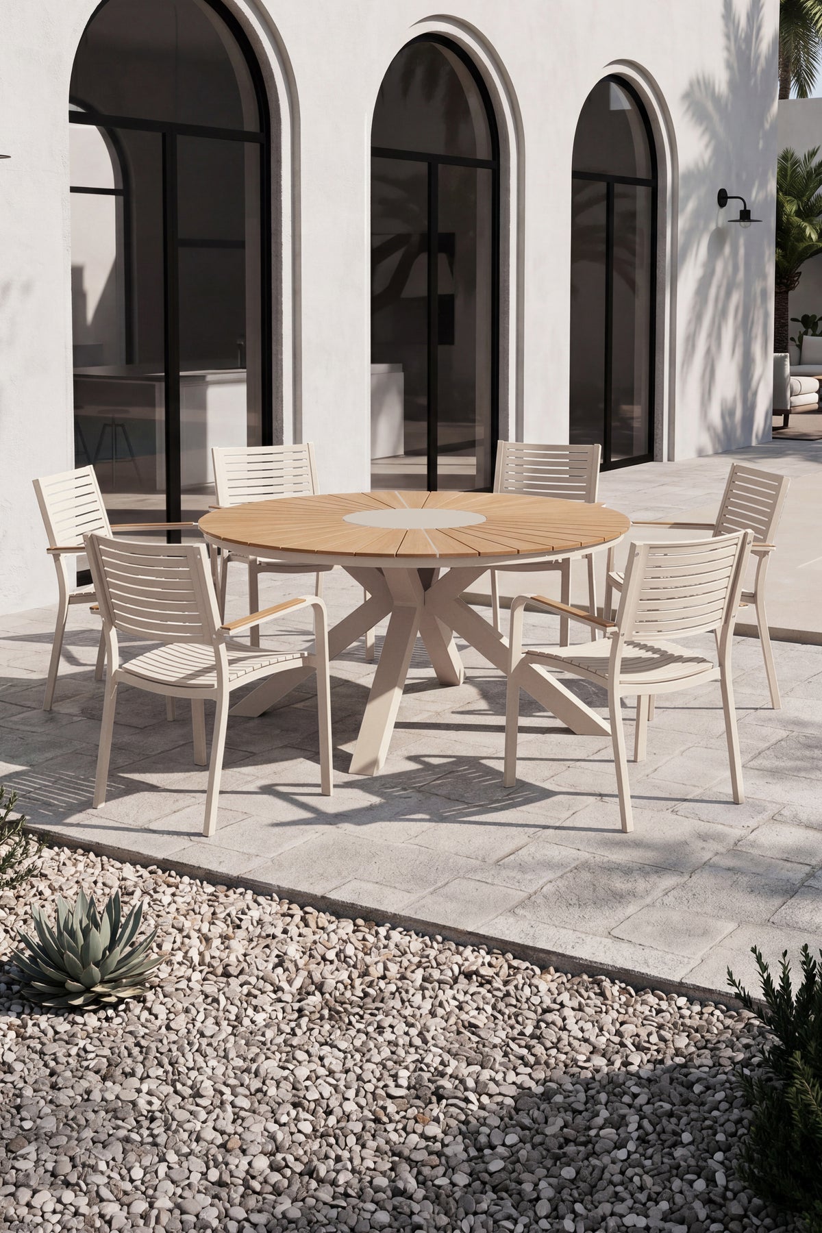 Mesa redonda de exterior en madera de teca y aluminio, Aurora, Ø140 cm