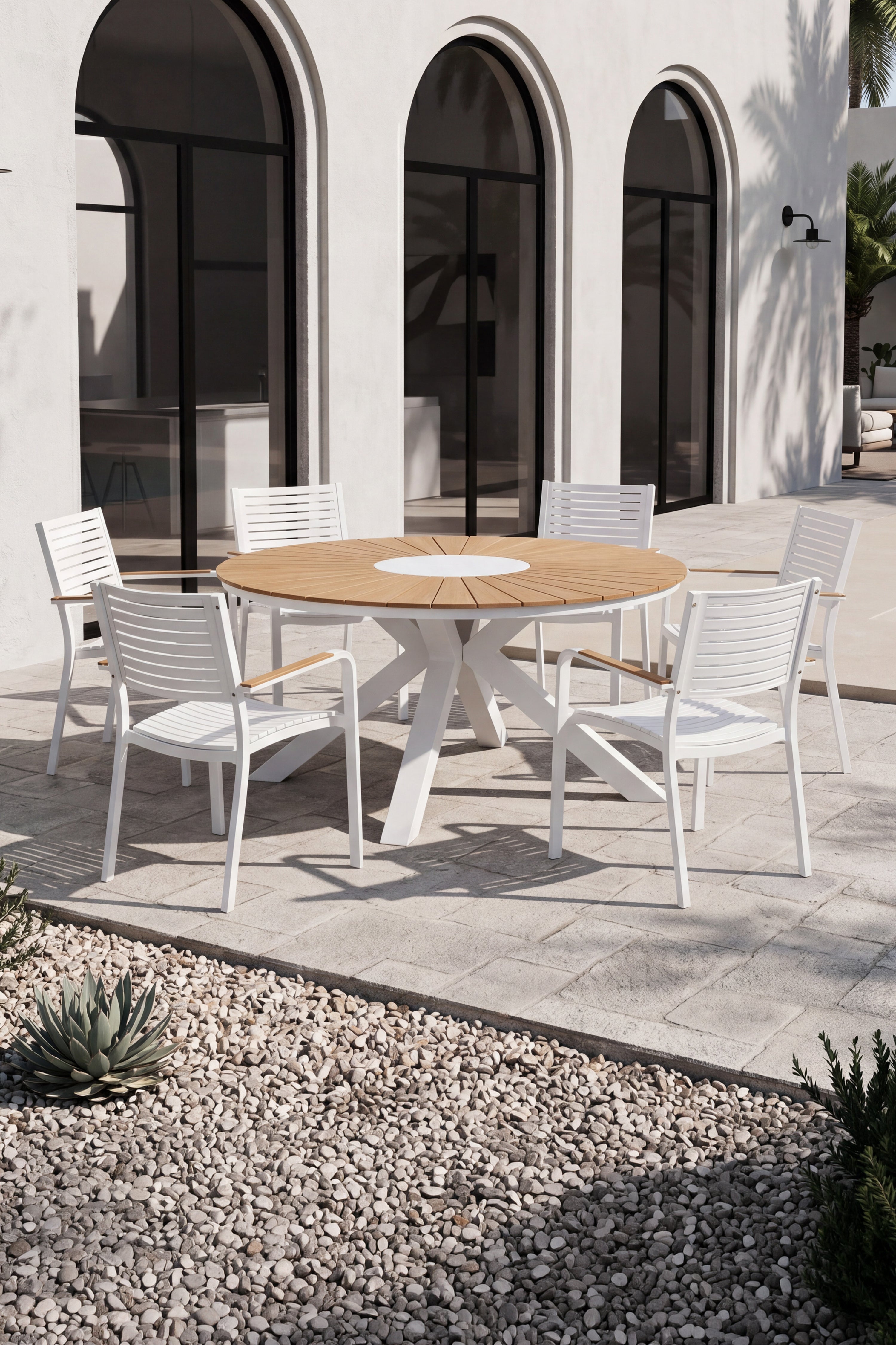 Set da esterno tavolo rotondo Aurora 140 cm e 6 sedie Aurora, bianco e teak - Immagine dettaglio 3