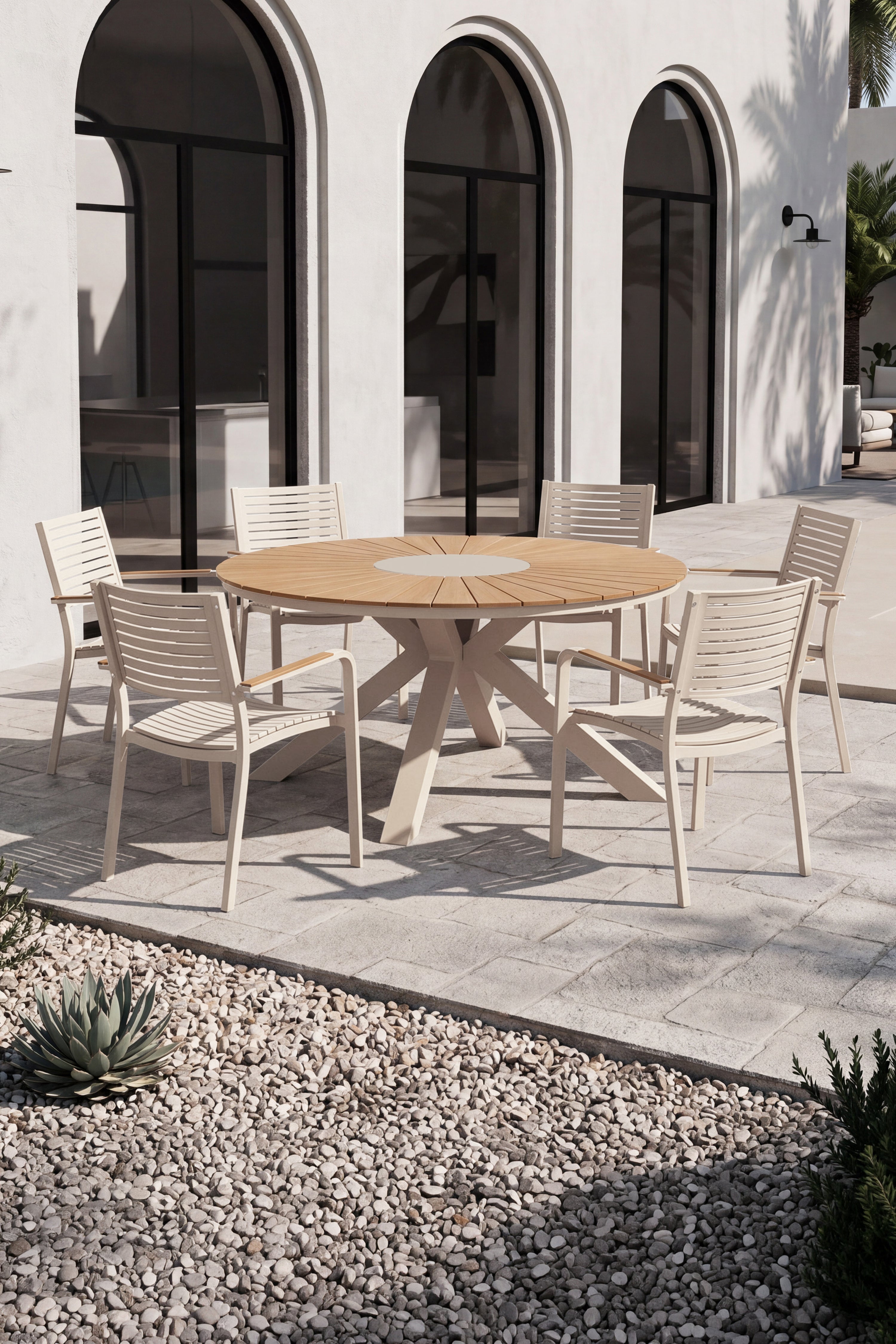Set d'extérieur table ronde Aurora 140 cm et 6 chaises Aurora, beige et teck - gallery 1