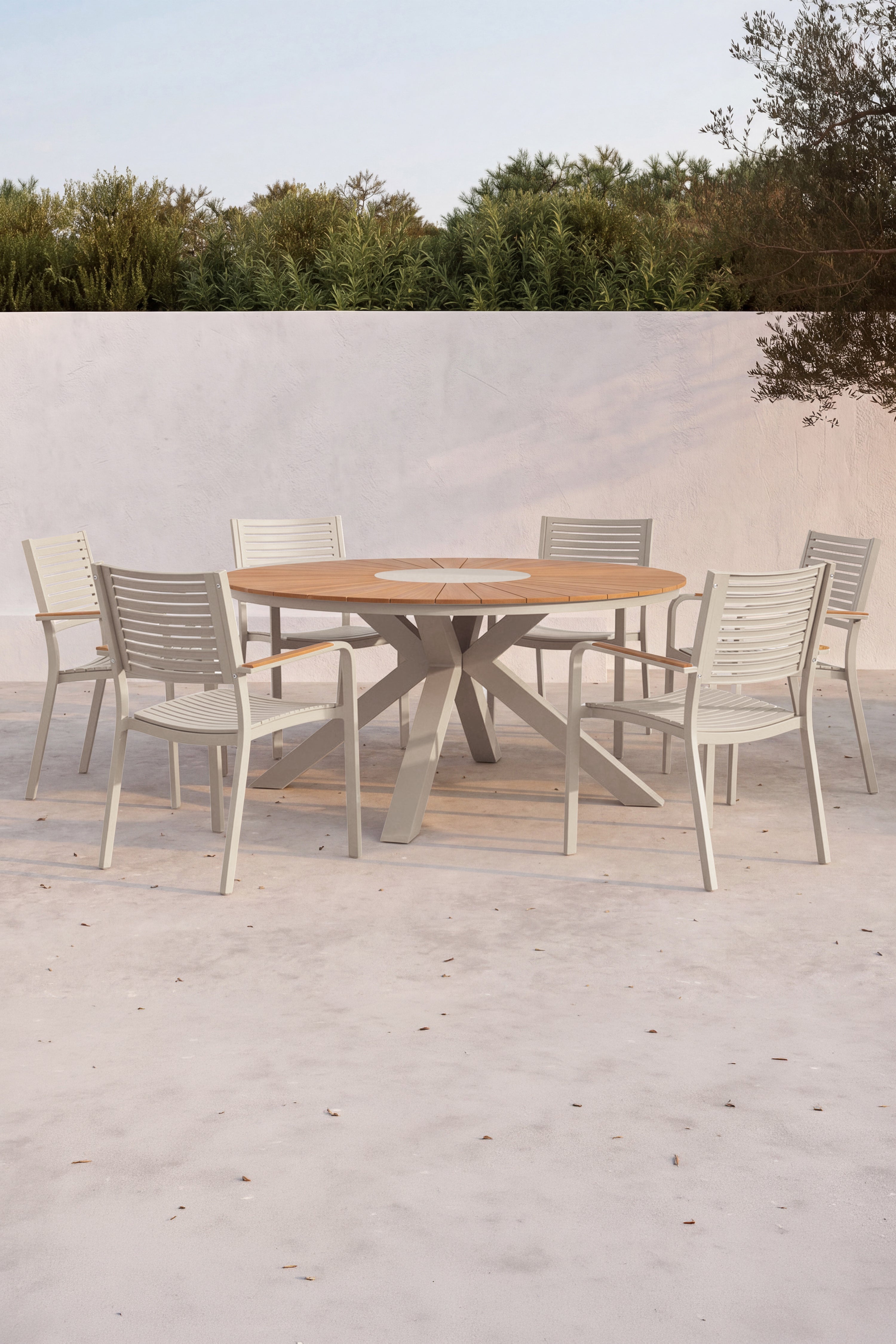 Set d'extérieur table ronde Aurora 140 cm et 6 chaises Aurora, beige et teck - gallery 7