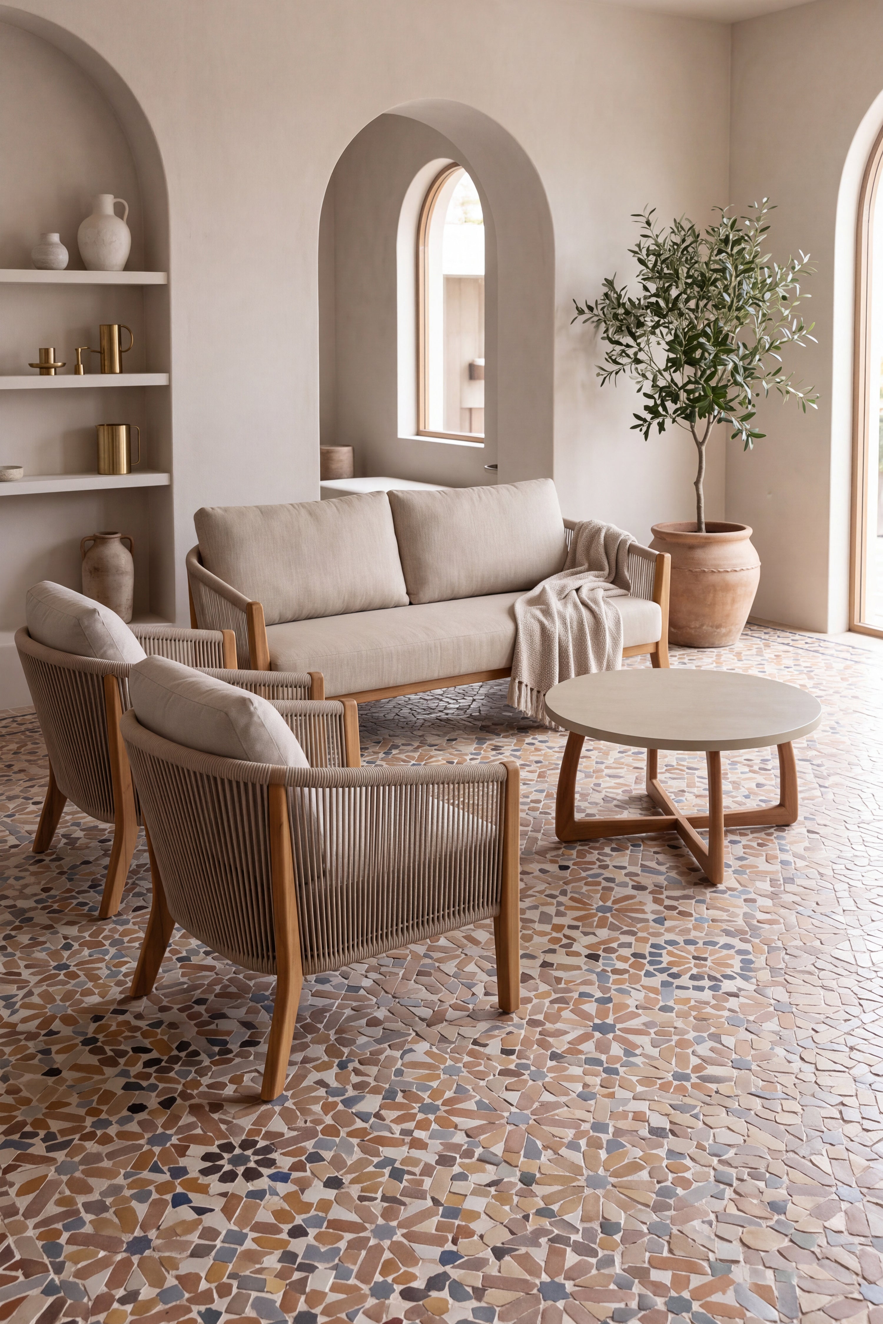 Set da giardino con divano 2 posti, 2 poltrone e tavolino Ø80x43 cm, Aurora, Beige - Immagine dettaglio 1