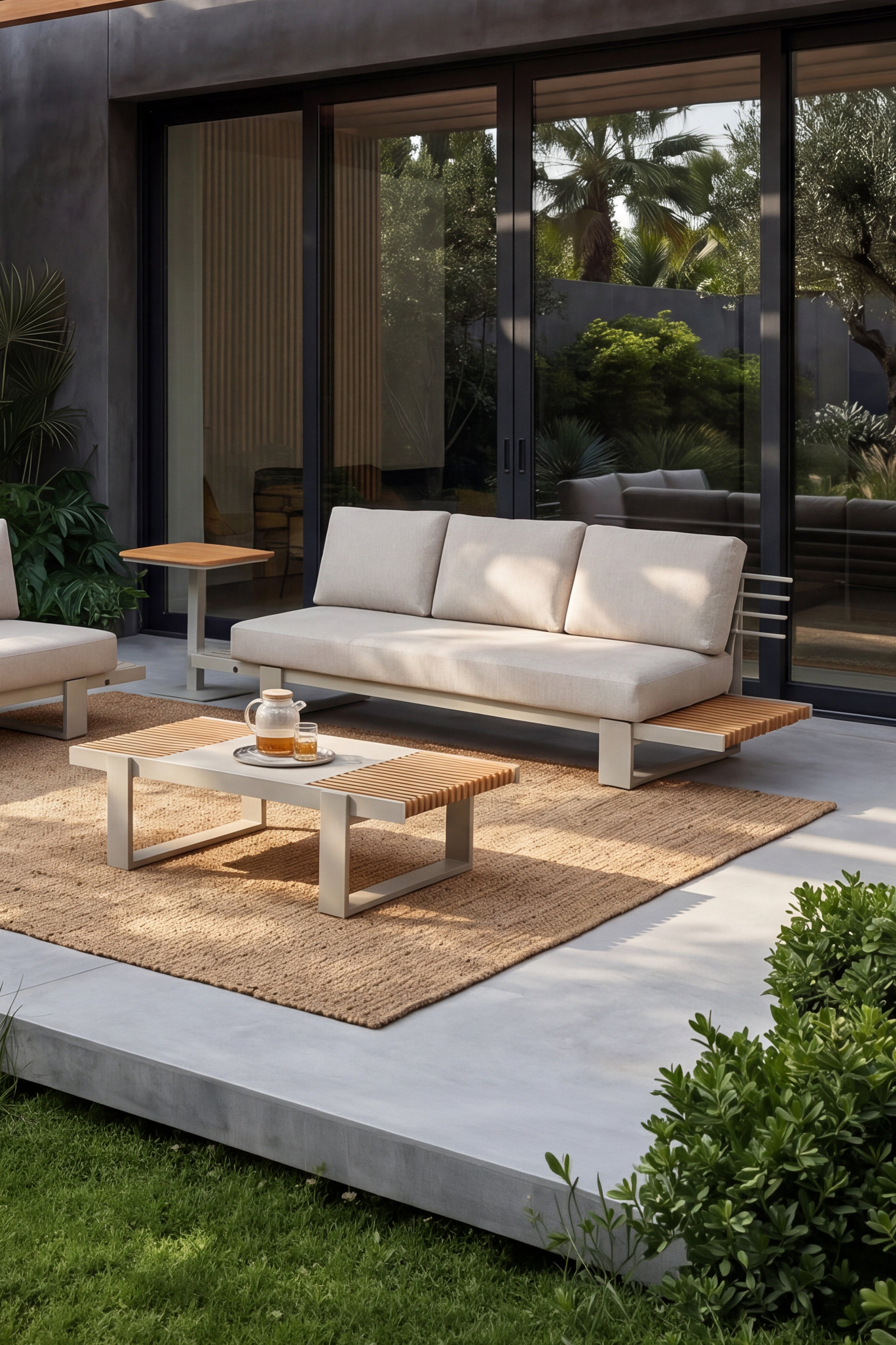 Gartensitzgruppe mit 2 Sofas für je 3 Personen und 2 Beistelltischen, Nora, Beige und Teakholz - Detailbild 2
