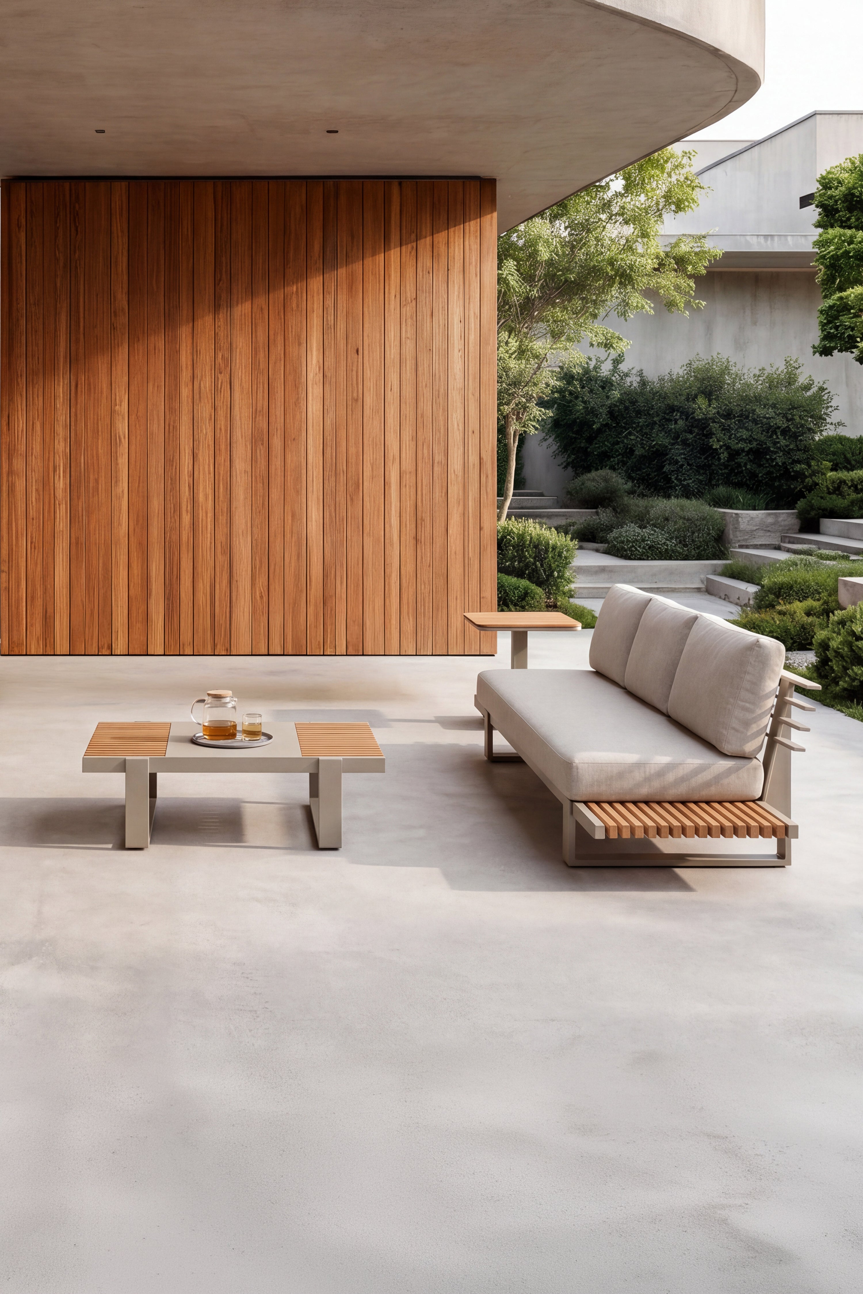 3-Sitzer Gartensofa mit rechts klappbarem Beistelltisch Nora, 255x89x72 cm, Beige und Teak - Detailbild 2