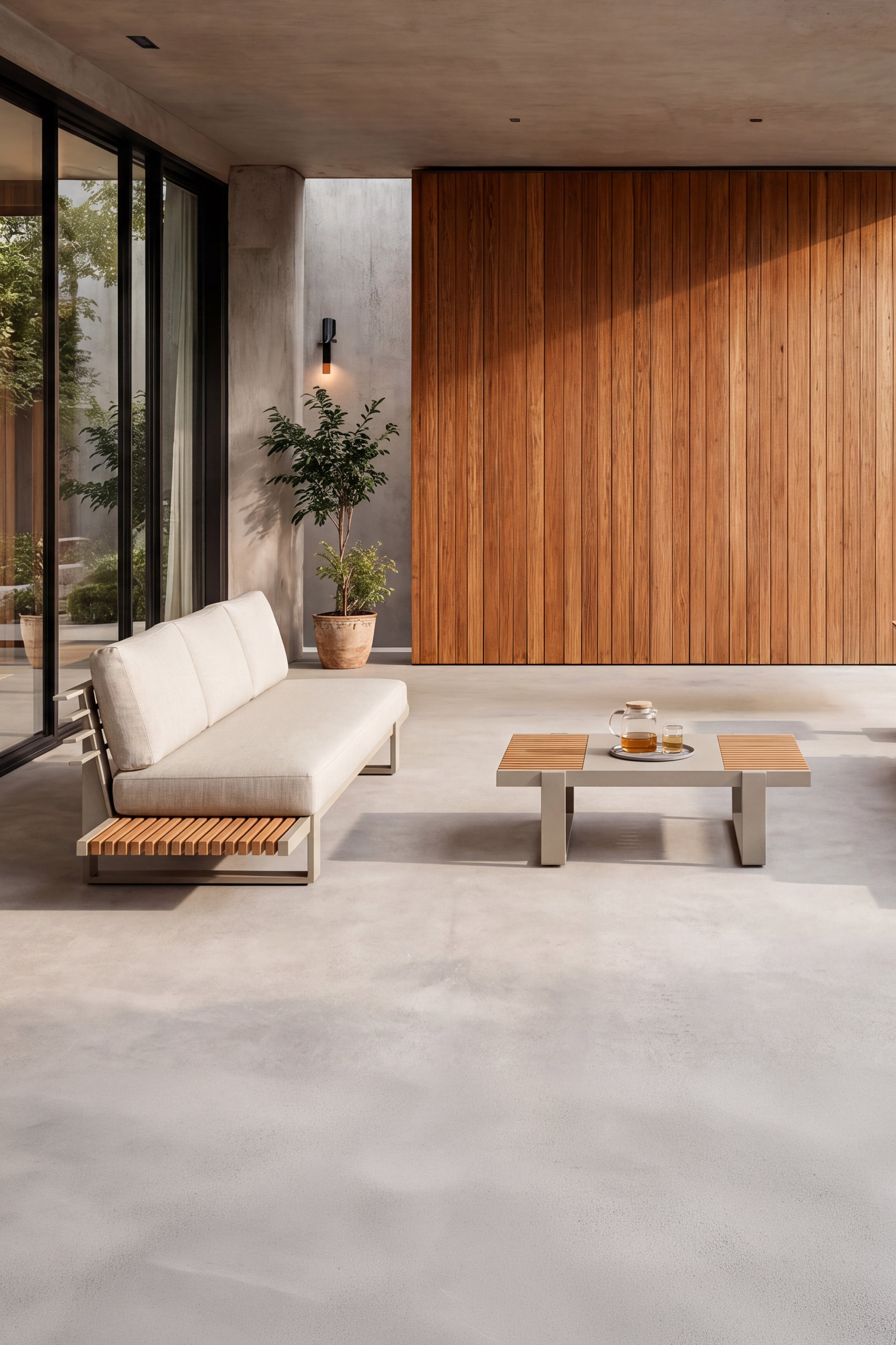 Gartensofa-Set 3-Sitzer mit Beistelltisch rechts und Couchtisch 120x70cm, Nora, Beige und Teakholz