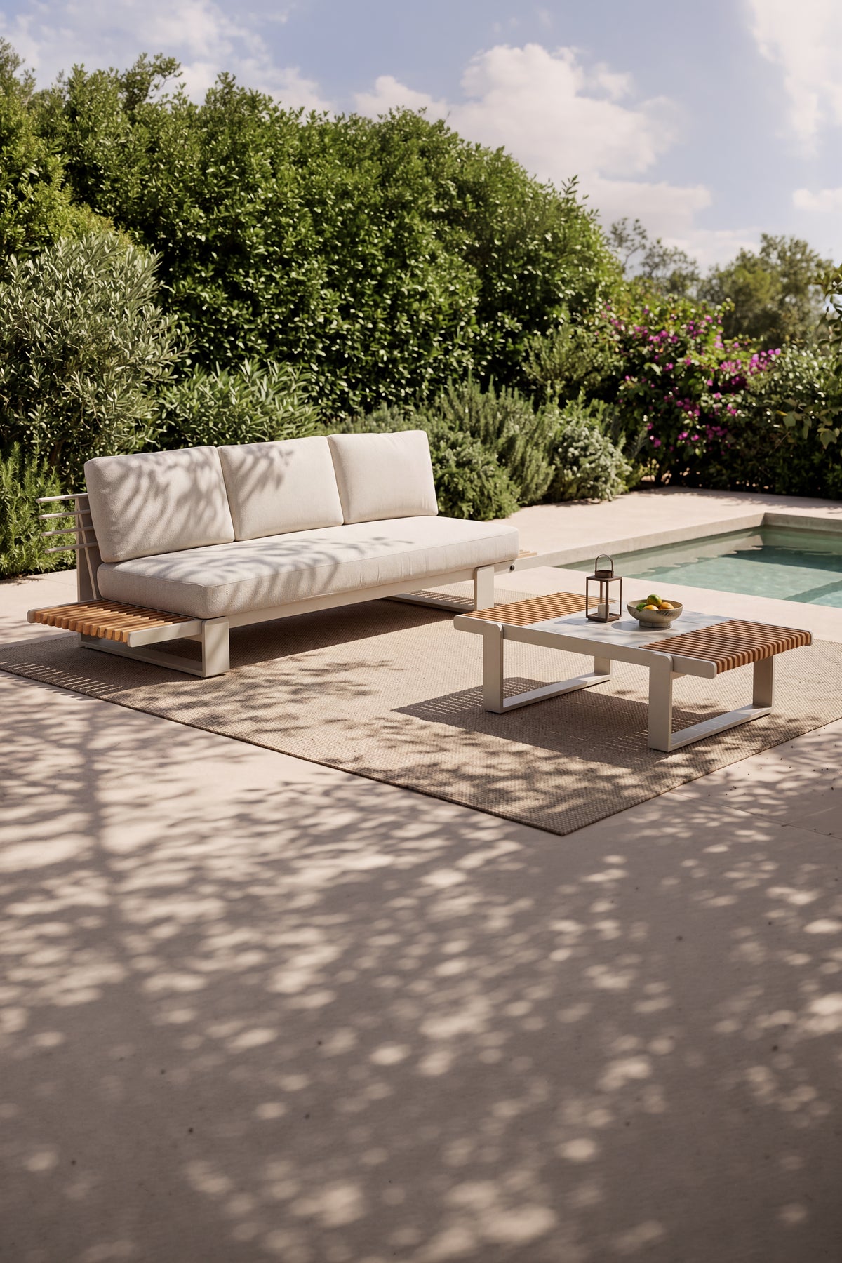 Garden Lounge Set Nora with 3-Seater Sofa with Reclining Left Side and Coffee Table 120x70cm, Beige and Teak Wood
