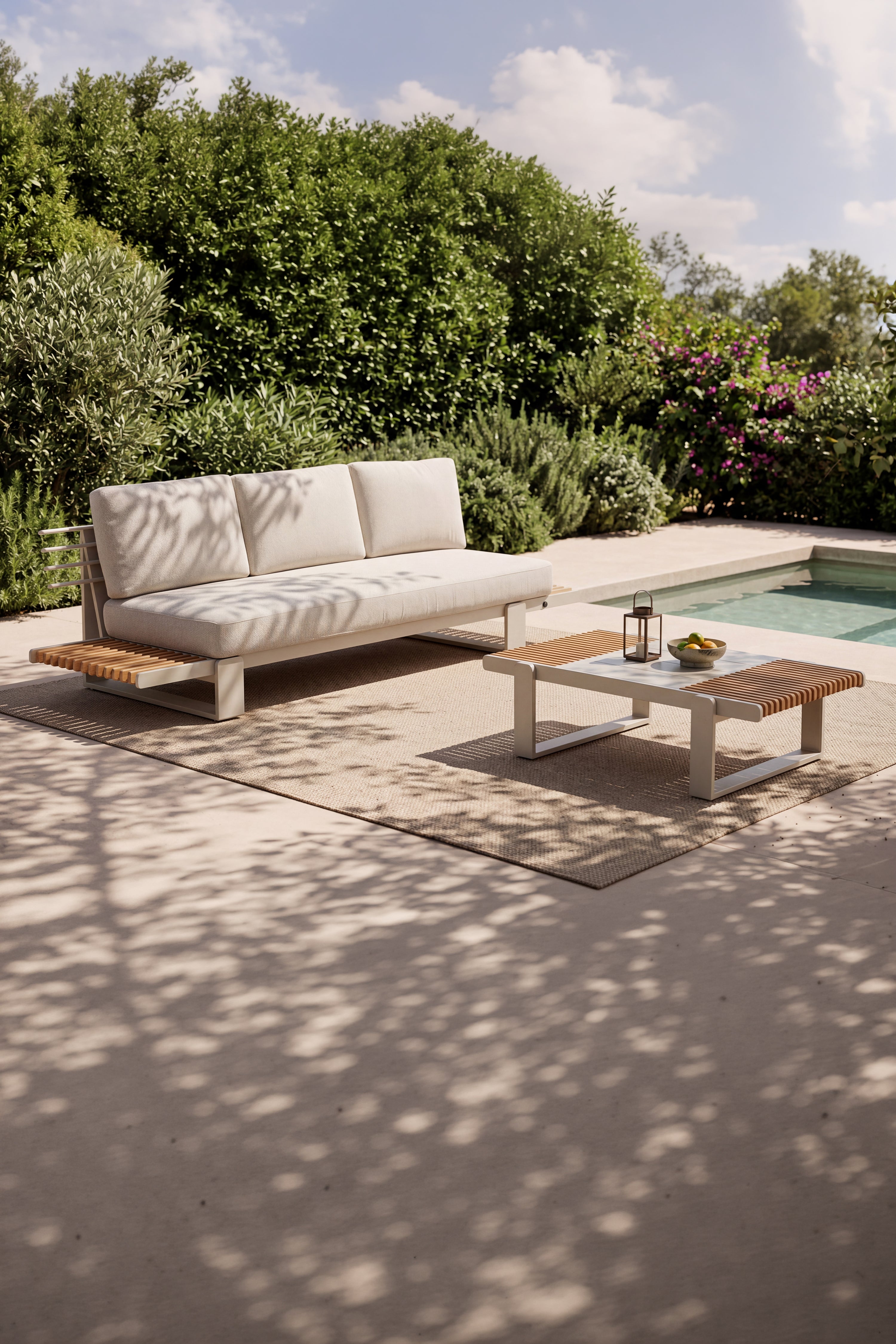 Salotto da giardino divano 3 posti con tavolino a destra e tavolino 120x70cm, Nora, Beige e legno di teak - Immagine principale