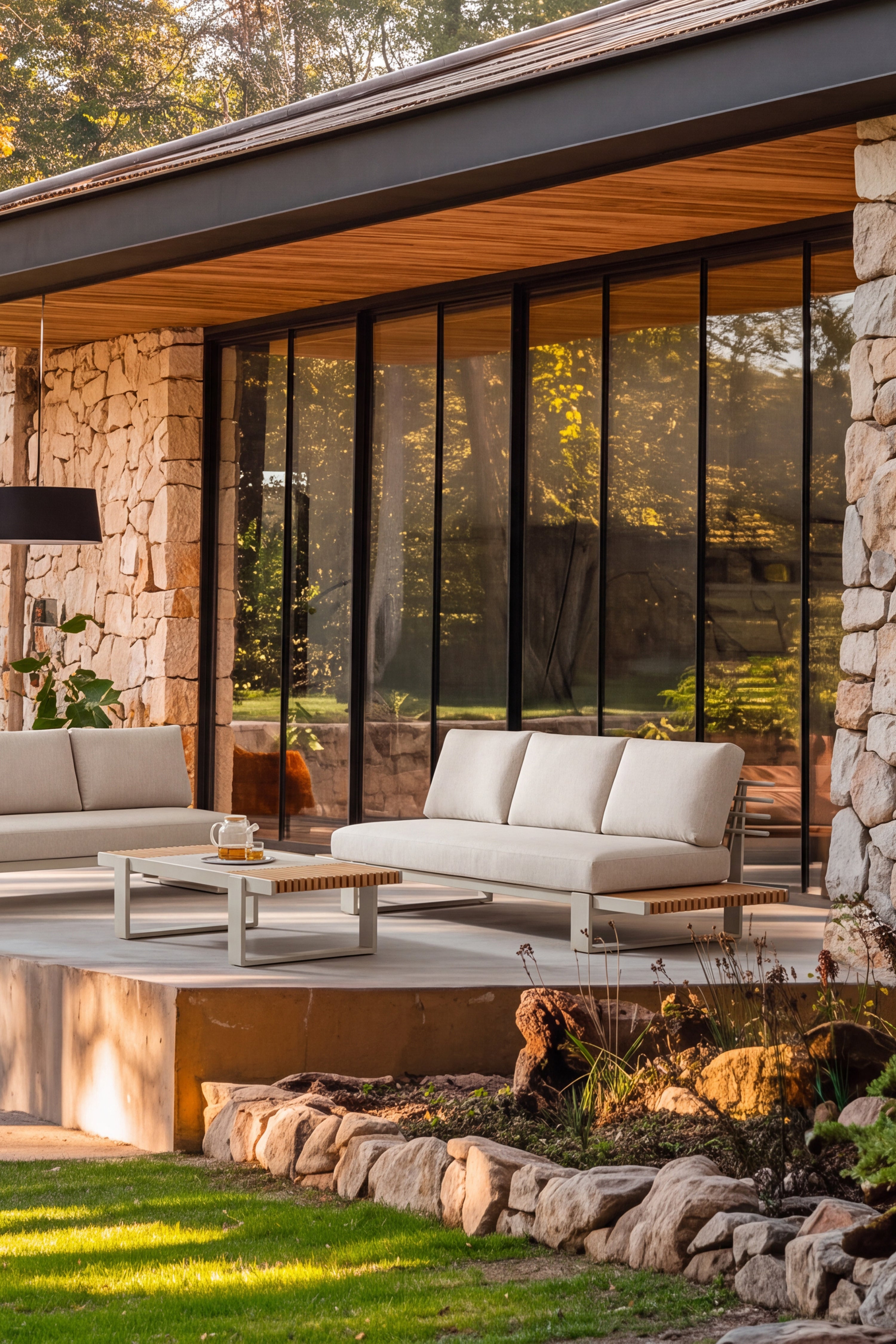 Gartensofa-Set 3-Sitzer mit Beistelltisch links und Couchtisch 120x70cm, Nora, Beige und Teakholz - Hauptbild