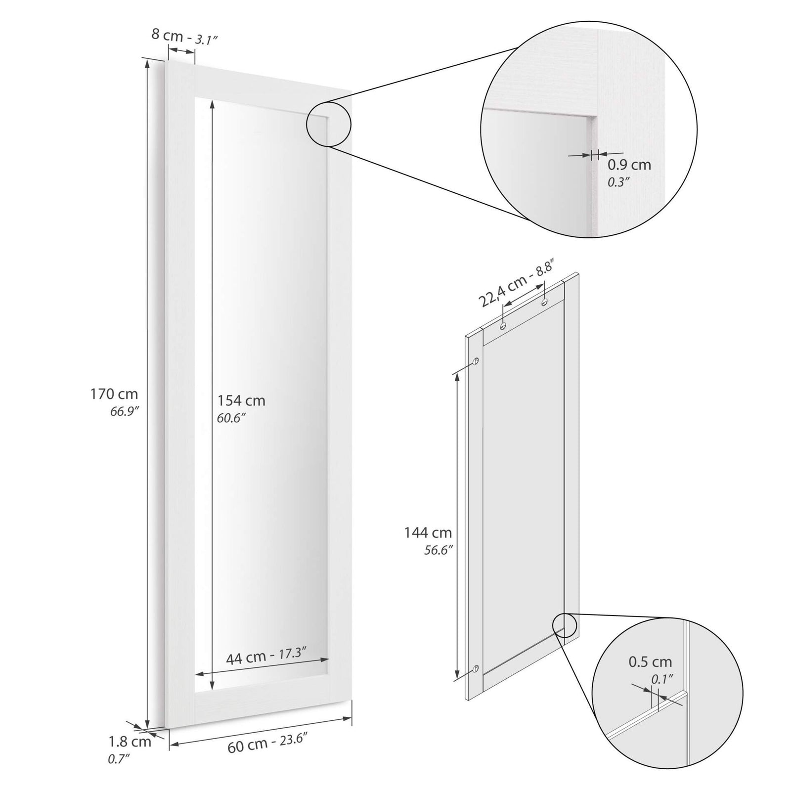 Specchiera rettangolare Rachele 170x60 cm, Bianco Frassino - Immagine tecnica 1