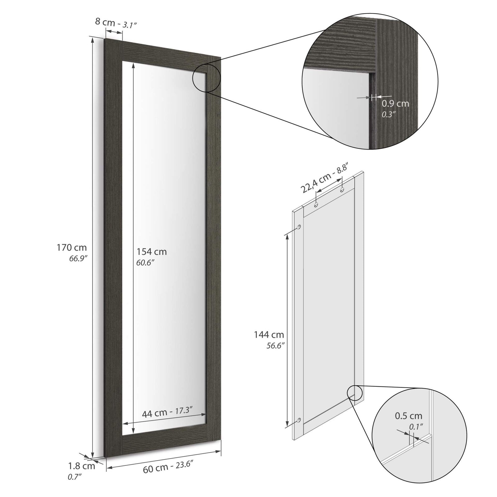 Rechteckiger Spiegel Rachele 170x60 cm, Esche Zwart - Immagine tecnica 1