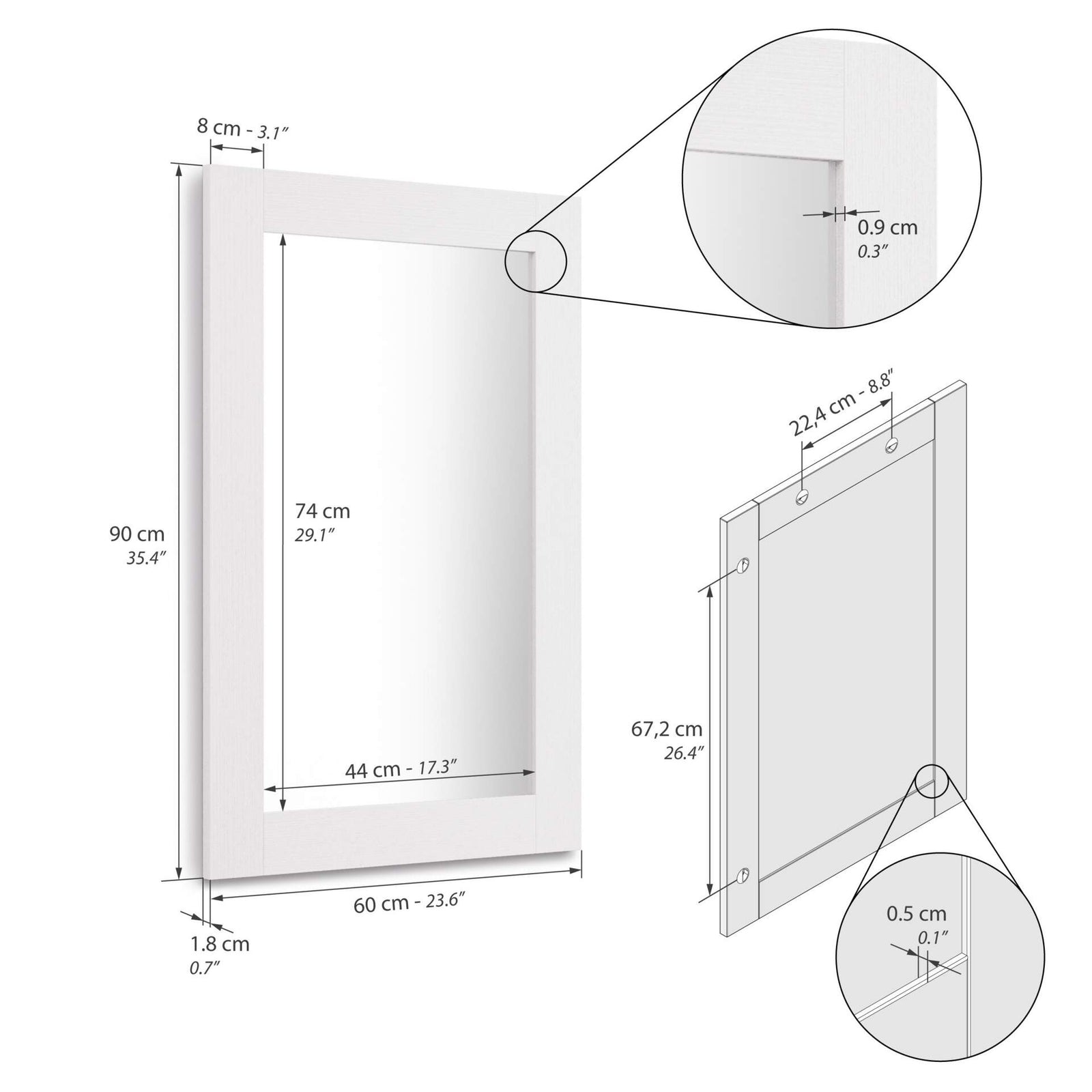 Specchiera rettangolare Rachele 90x60 cm, Bianco Frassino - Immagine tecnica 1