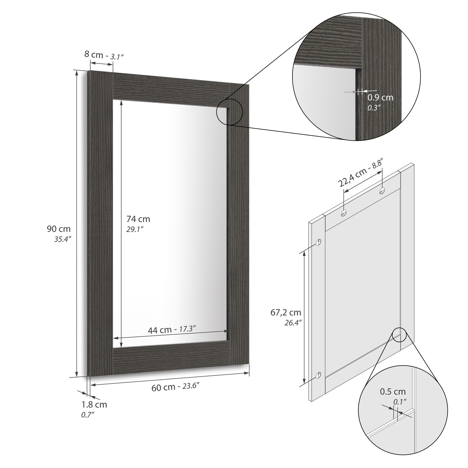 Rechteckiger Spiegel Rachele 90x60 cm, Esche Zwart - Immagine tecnica 1