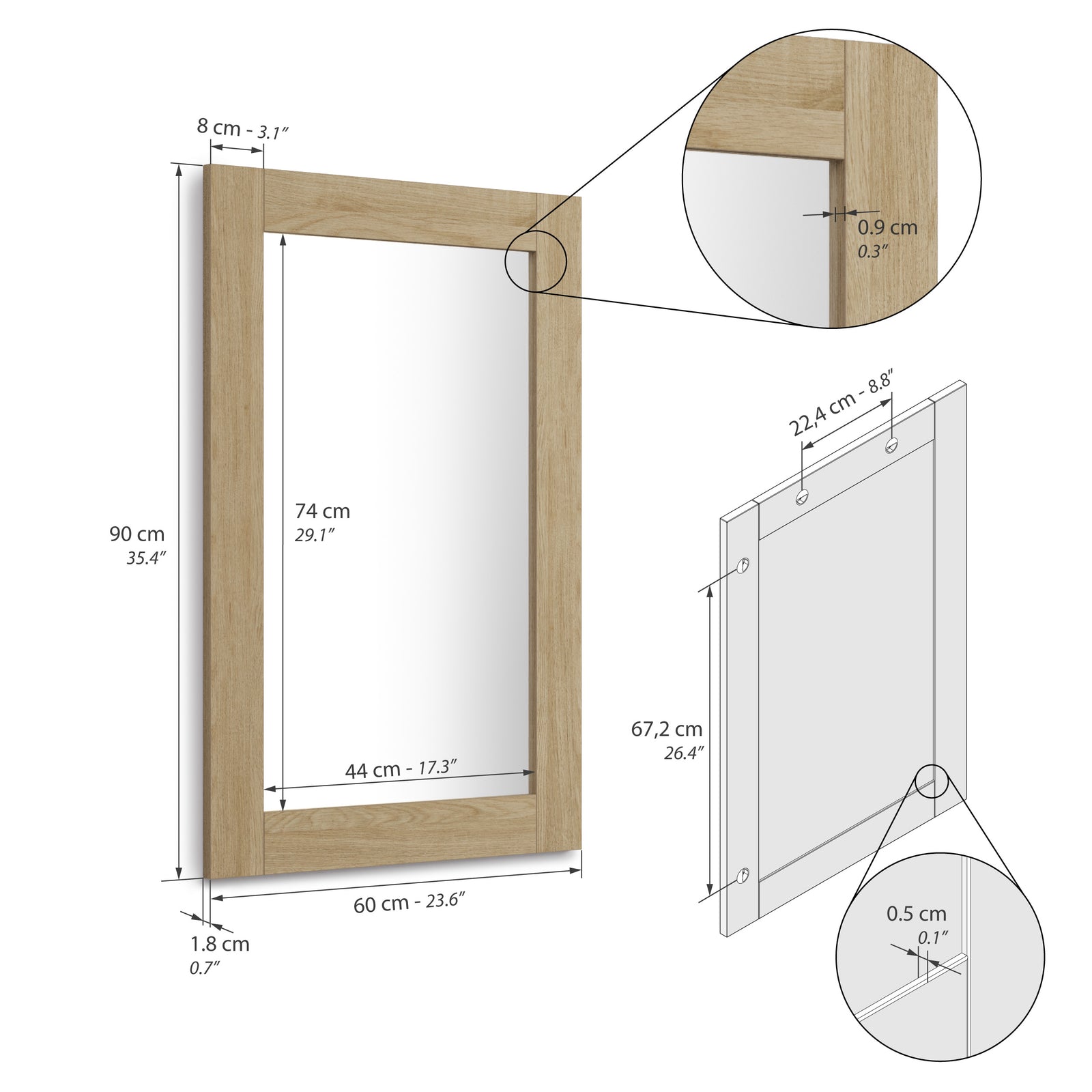 Rechthoekige spiegel Rachele 90x60 cm, Naturel Eiken - Immagine tecnica 1