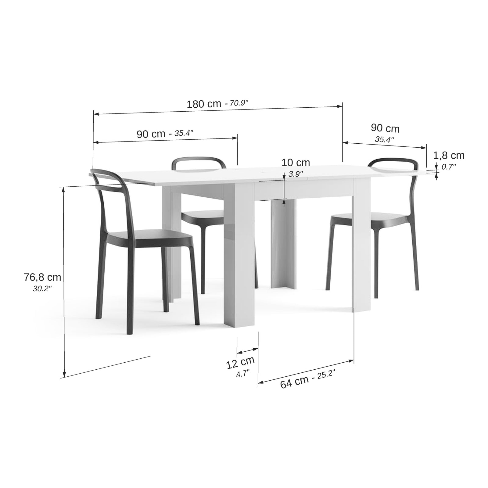 Bílý lesklý rozkládací čtvercový jídelní stůl 90x(180)x90 cm, Eldorado - Immagine tecnica 1