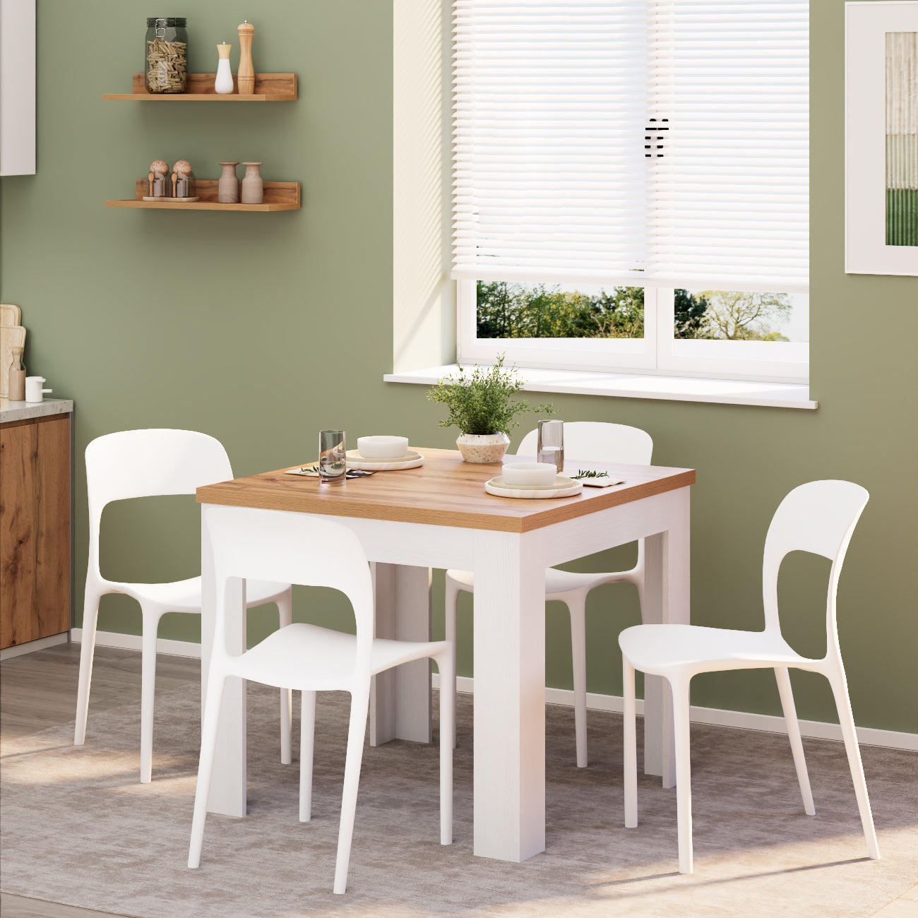 Table carrée extensible, Eldorado, 90x(180)x90 cm, Bois Rustique et Frêne Blanc - Set image 1