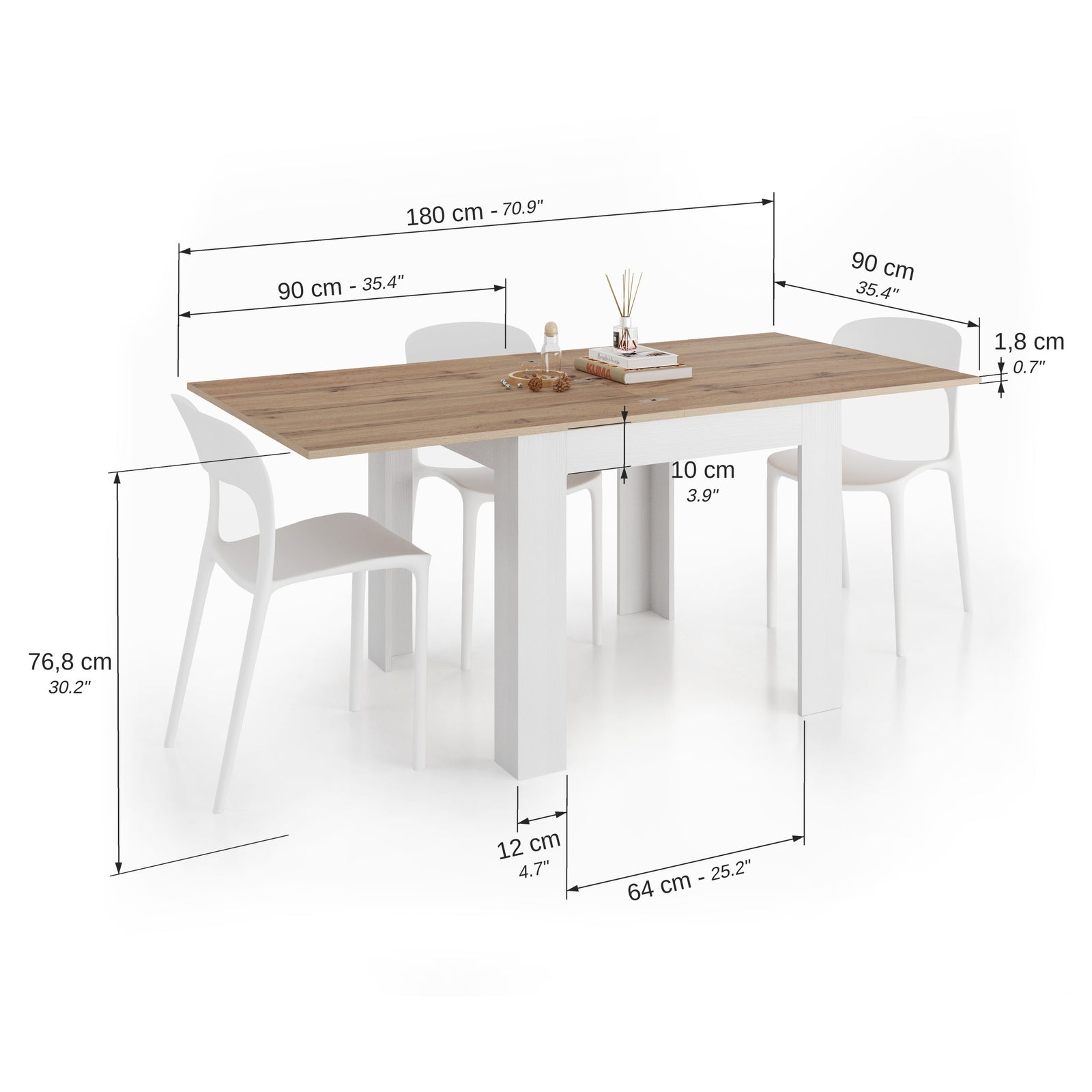 Čtvercový rozkládací jídelní stůl, 90x(180)x90 cm, Eldorado, Rustikální dřevo a Bílý jasan - Immagine tecnica 2
